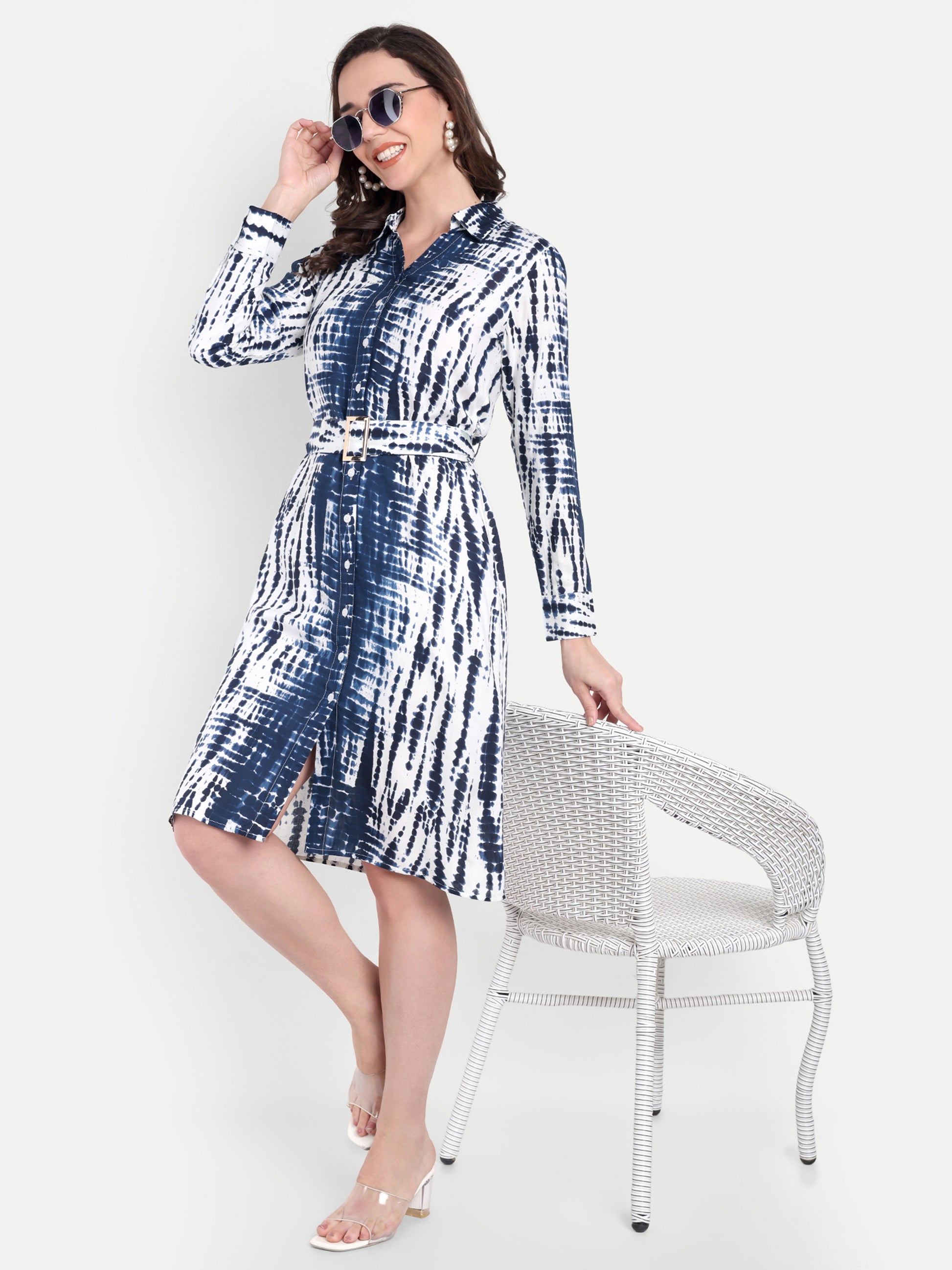 Women's Blue & White Printed Shirt Dress with Belt | Button-Down | Casual & Office Wear
