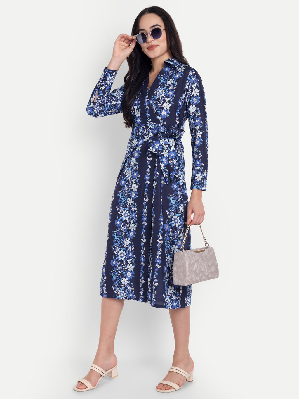 Women's  Blue Floral Dress | Long Sleeve | Belt Tie Waist