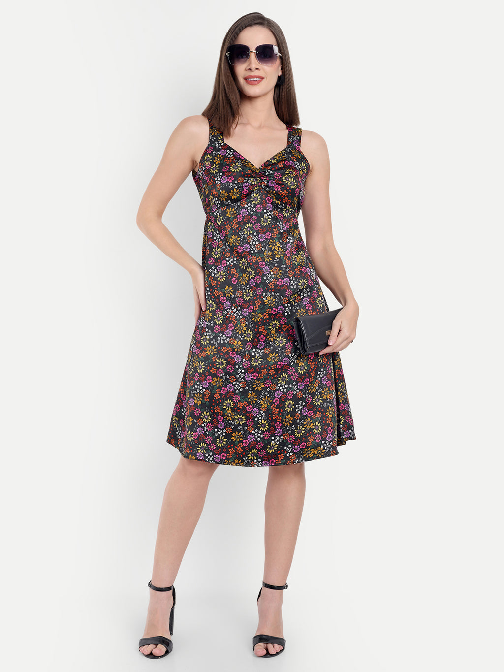 Women's Multicolor Floral Sleeveless A-Line Mini Dress | Elegant Textured Party Wear