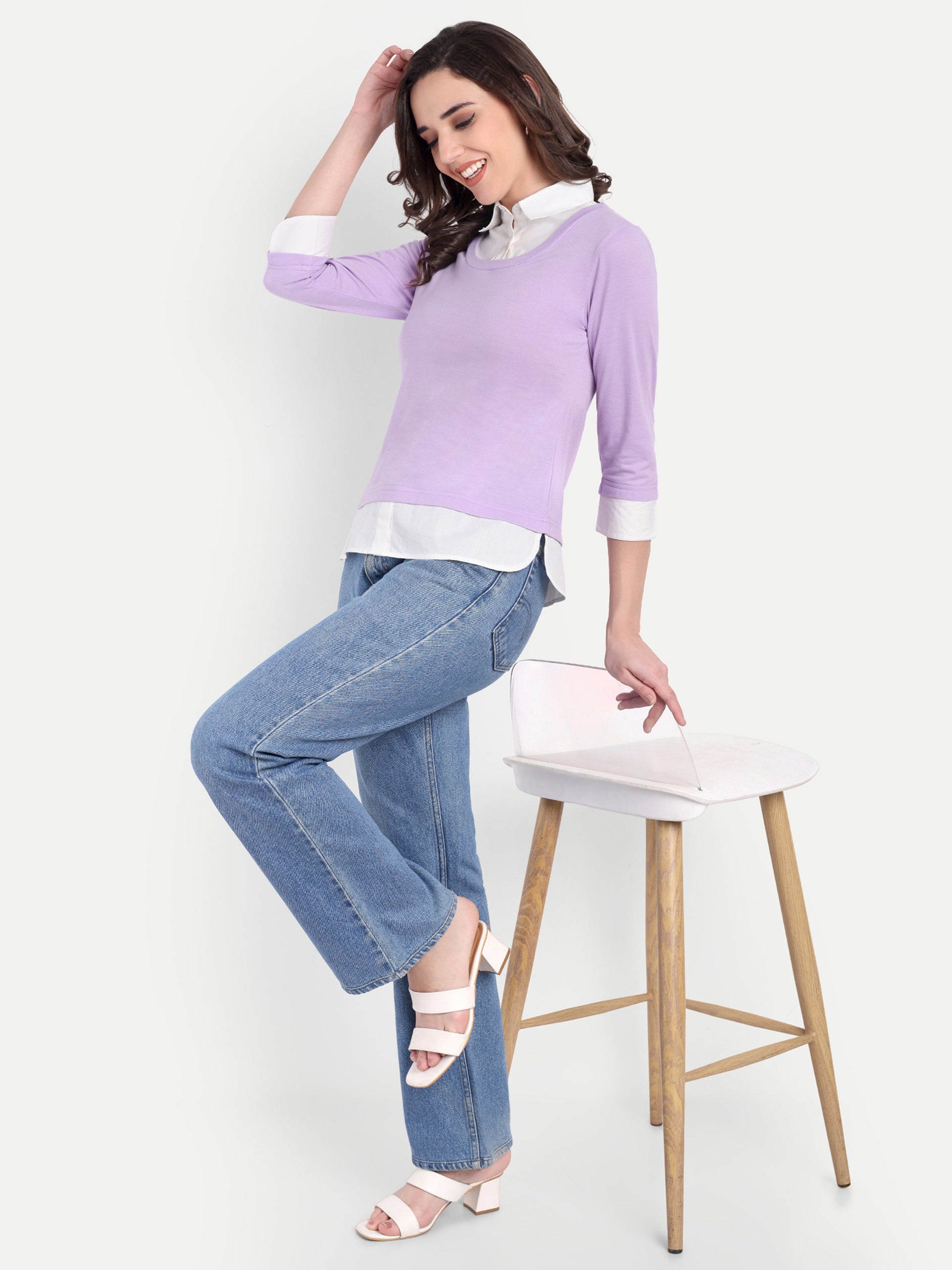 Women's Purple Layered Look Top with white Shirt Collar & 3/4 Sleeves