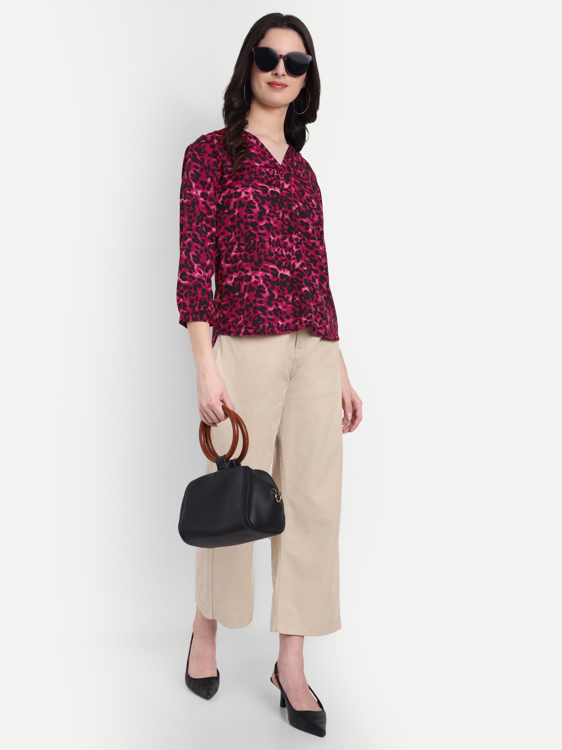 Women's Magenta & Black Animal Print V-Neck Top | 3/4 Sleeves | Stylish Casual & Party Wear