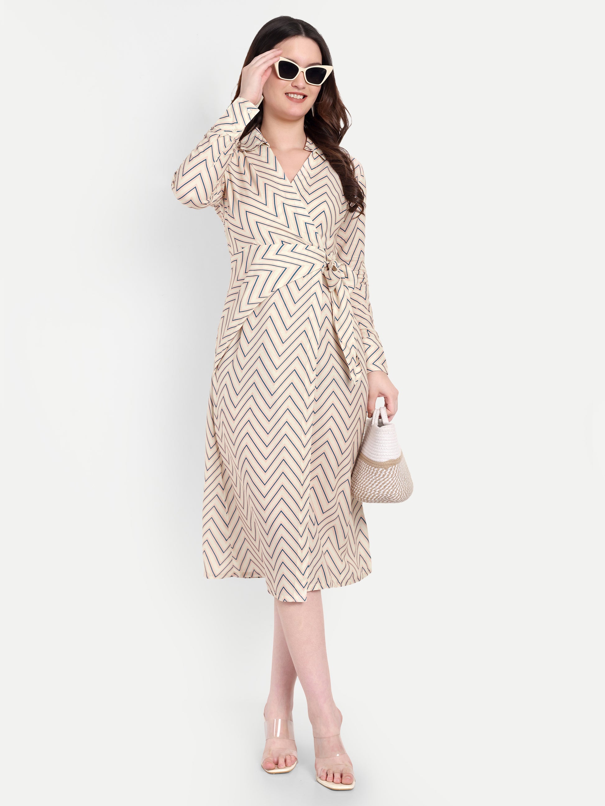 Women's Beige Chevron Print Wrap Midi Dress | Long Sleeve | Belt Tie Waist