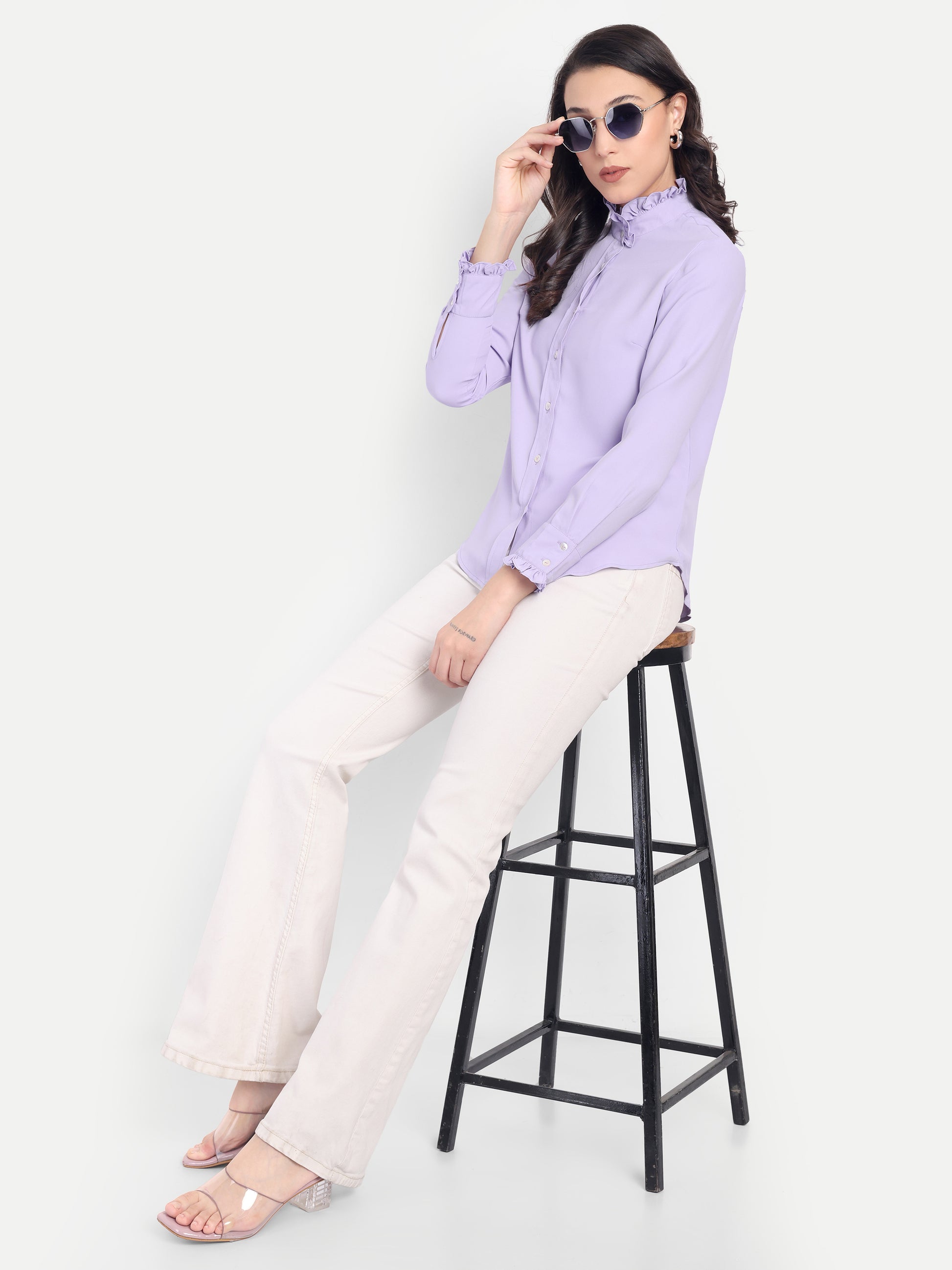 Women's Lavender Ruffle Collar Shirt | Elegant Formal & Casual Top with Long Sleeves