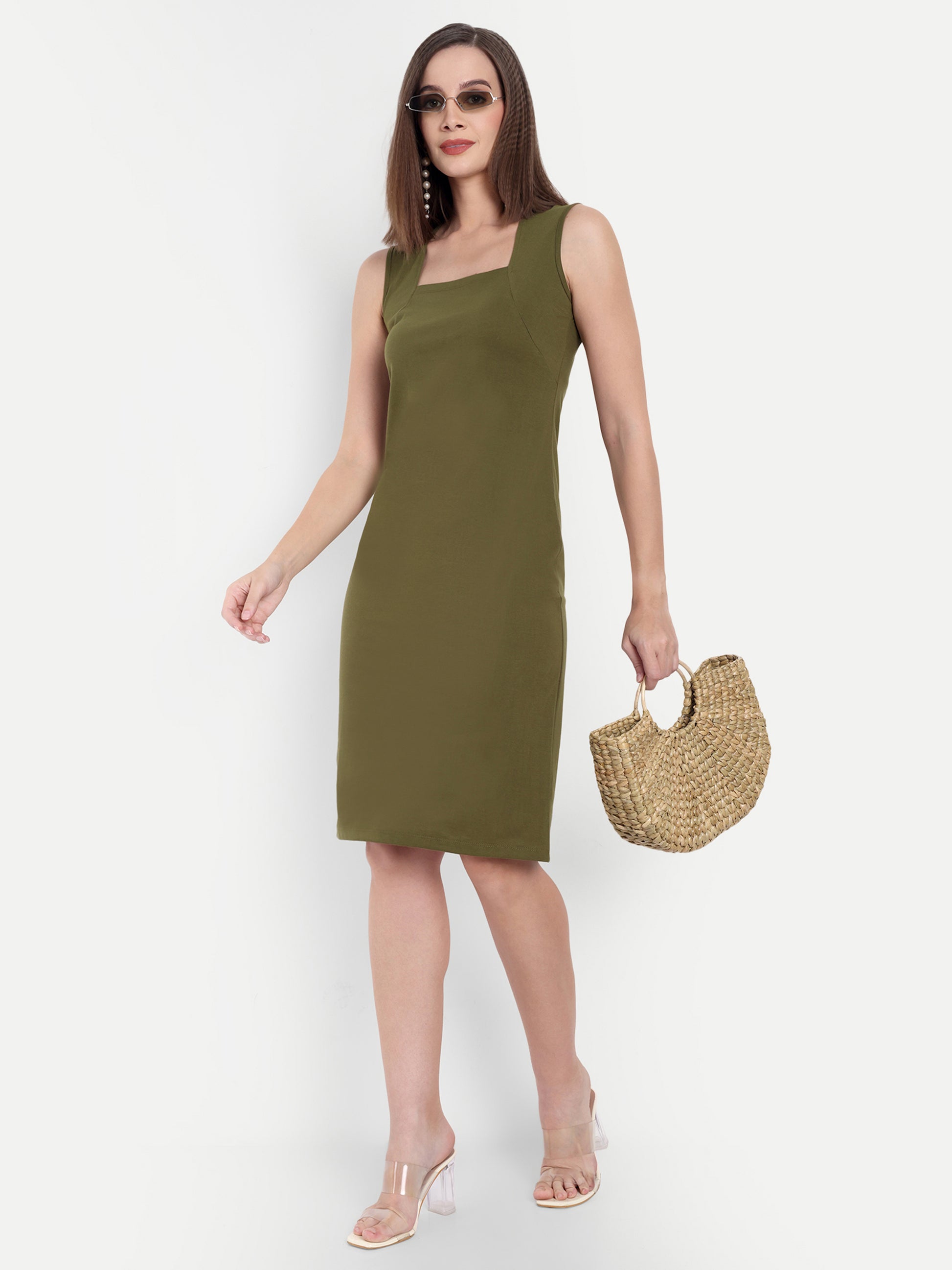 Women's Olive Sleeveless Bodycon Midi Dress | Square Neck | Casual & Party Wear