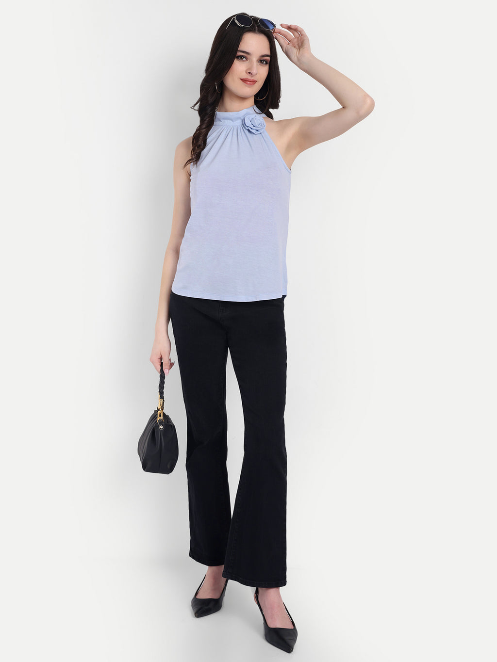 Women's Light Blue Halter Floral Note Neck Sleeveless Top | Casual & Party Wear (Copy)