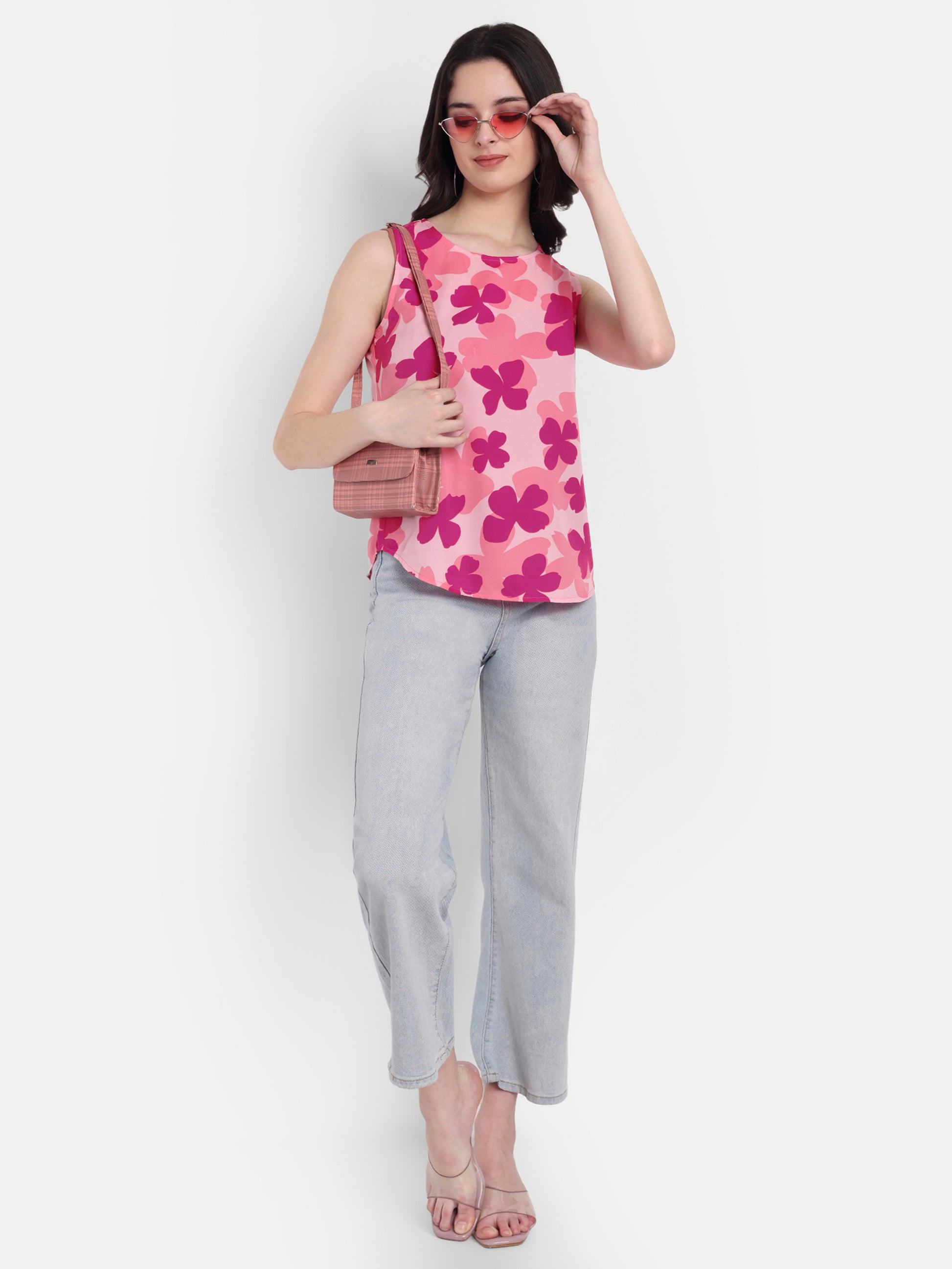 Women's Pink Floral Print Sleeveless Top | Round Neck | Lightweight Casual Summer Wear
