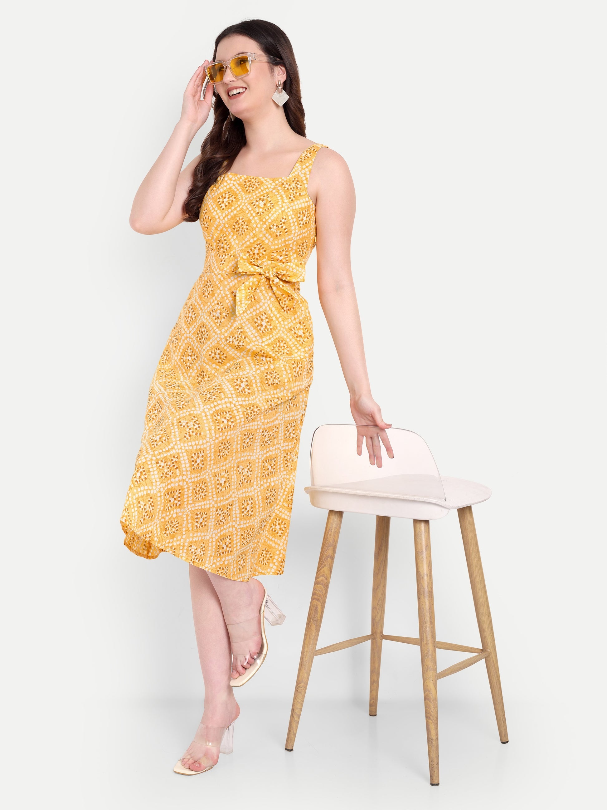 Women's yellow Floral Midi Dress with Square Neck & Side Pockets | Summer Casual Wear (Copy)
