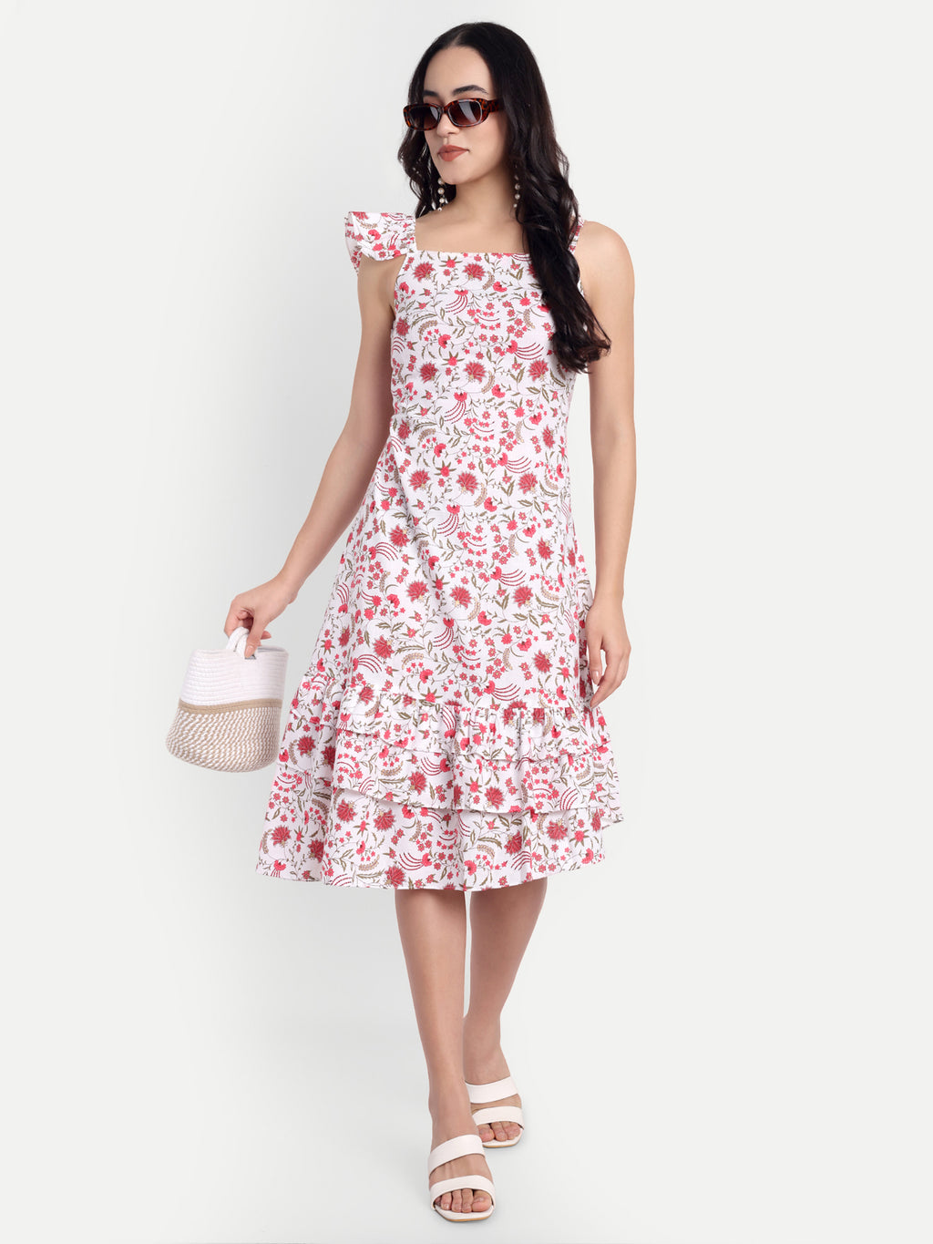 White & Pink Floral Ruffle Hem Midi Dress with One-Shoulder Bow Strap