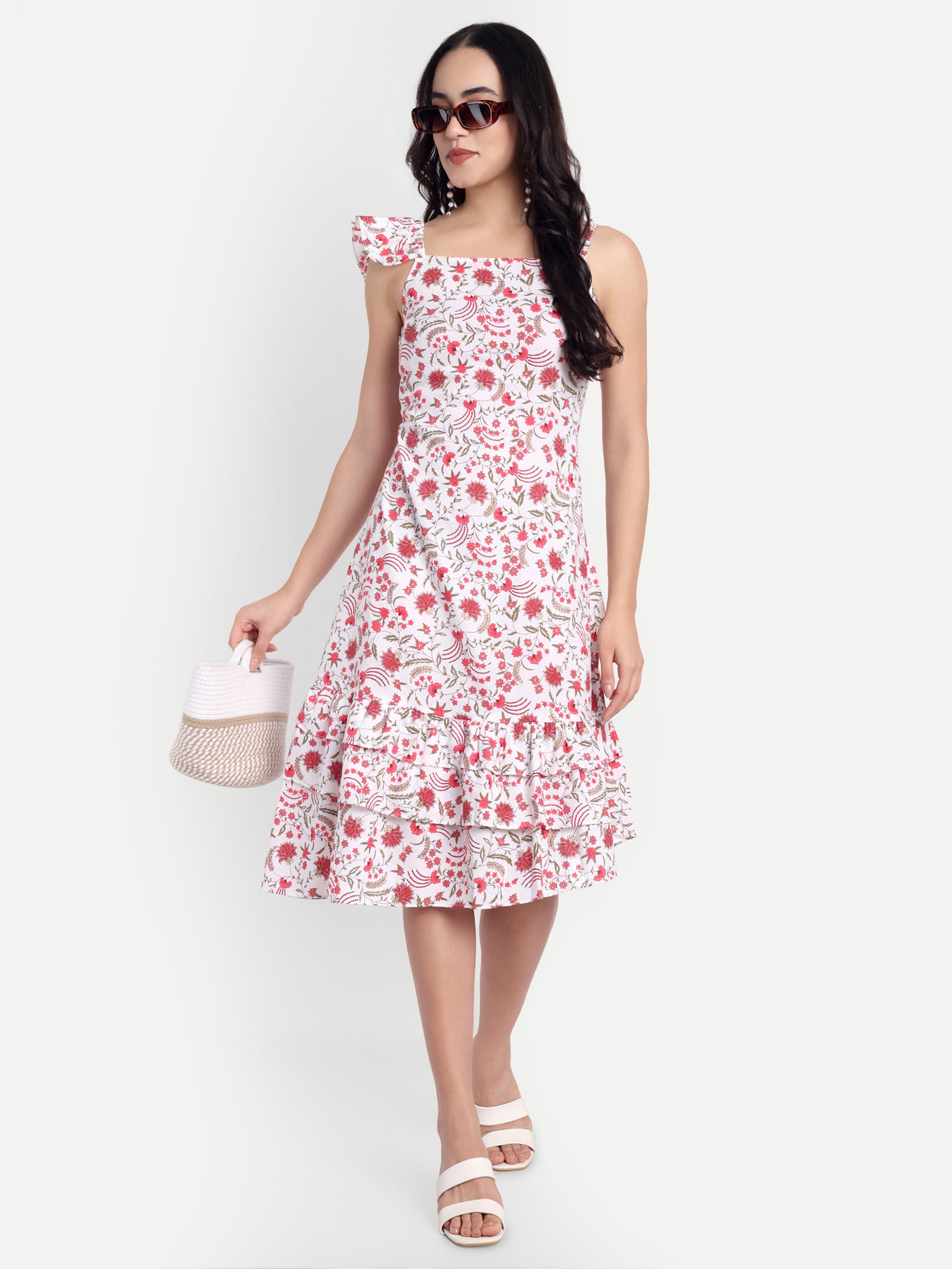 White & Pink Floral Ruffle Hem Midi Dress with One-Shoulder Bow Strap