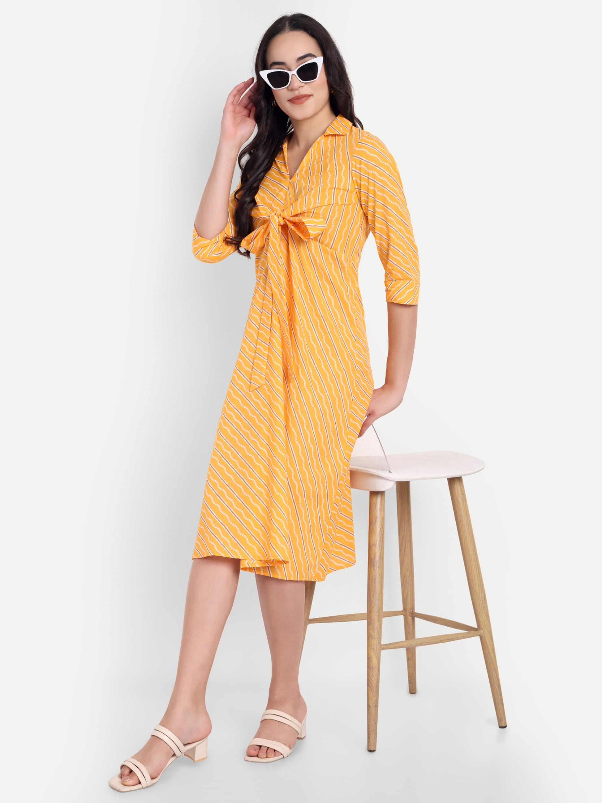 Women's Orange Striped Knee-Length Dress | Front Knot Detail | Casual & Party Wear
