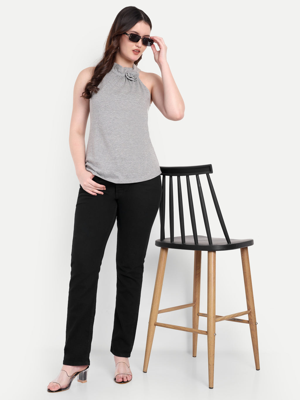 Women's Grey Floral Halter Neck Sleeveless Top | Casual & Party Wear