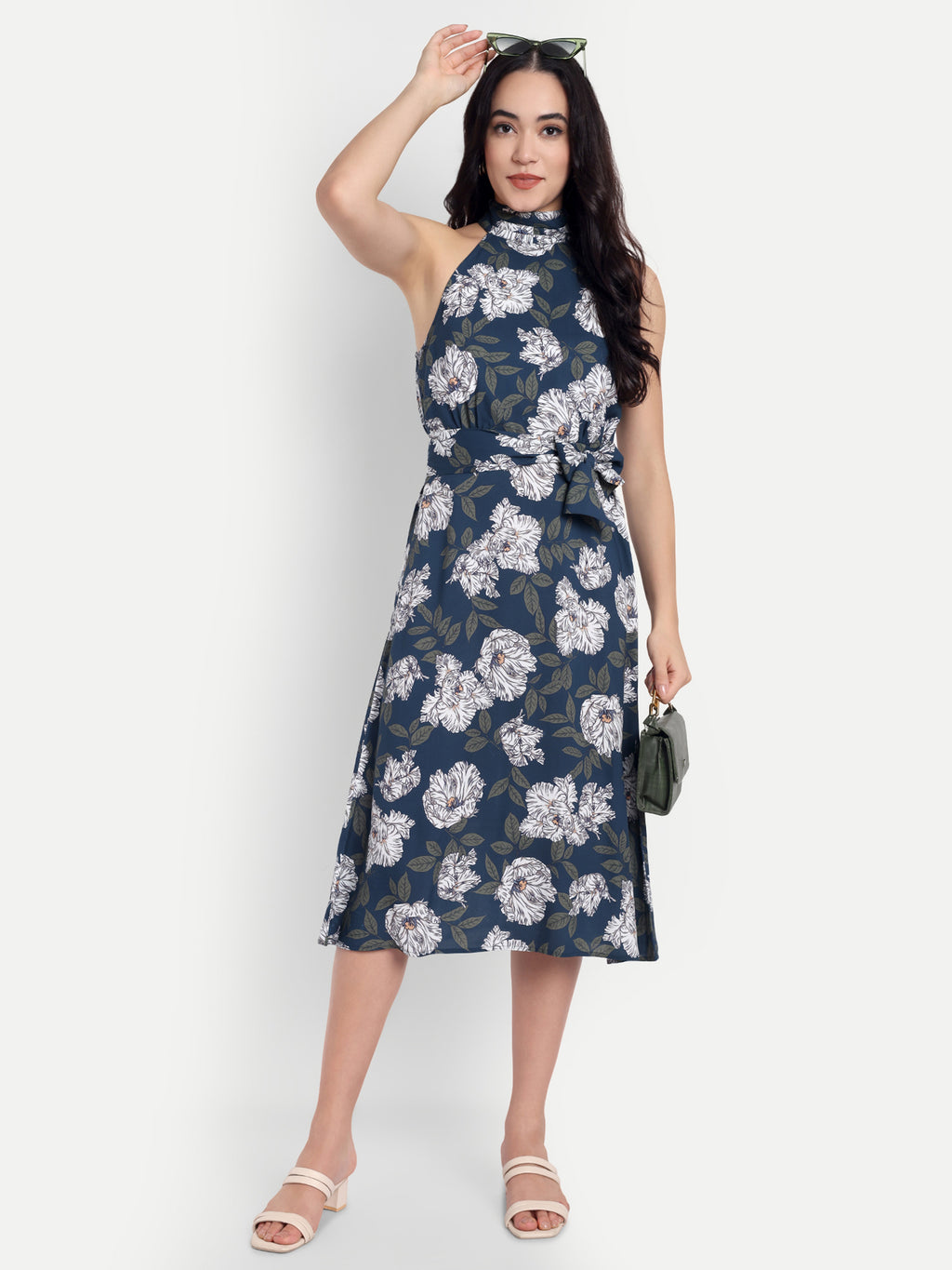 Women's Black & White Floral Halter Neck Midi Dress | Belted Waist | Resort & Summer Wear