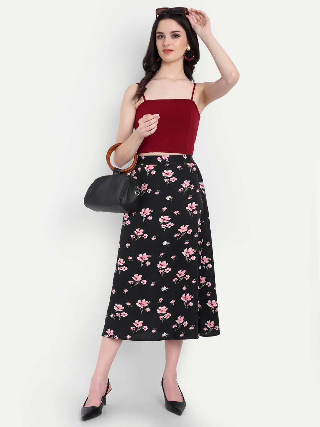 Women's Black Floral Midi Skirt | Casual & Party Wear