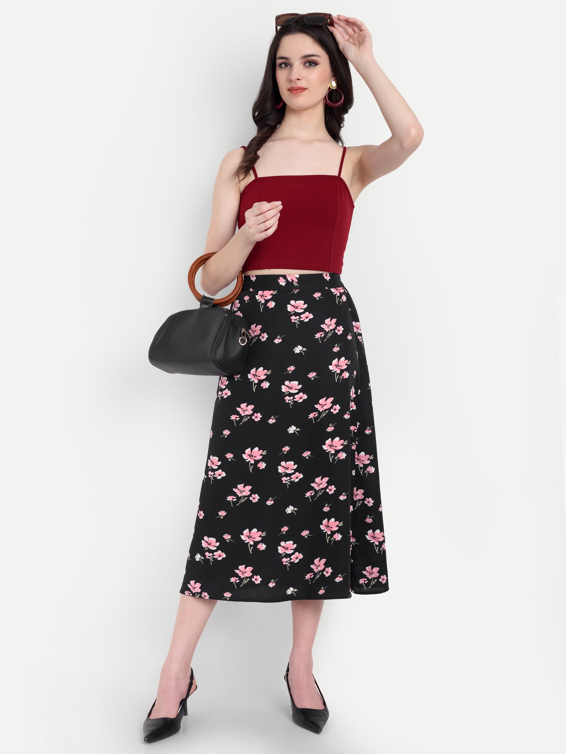 Women's Black Floral Midi Skirt | Casual & Party Wear