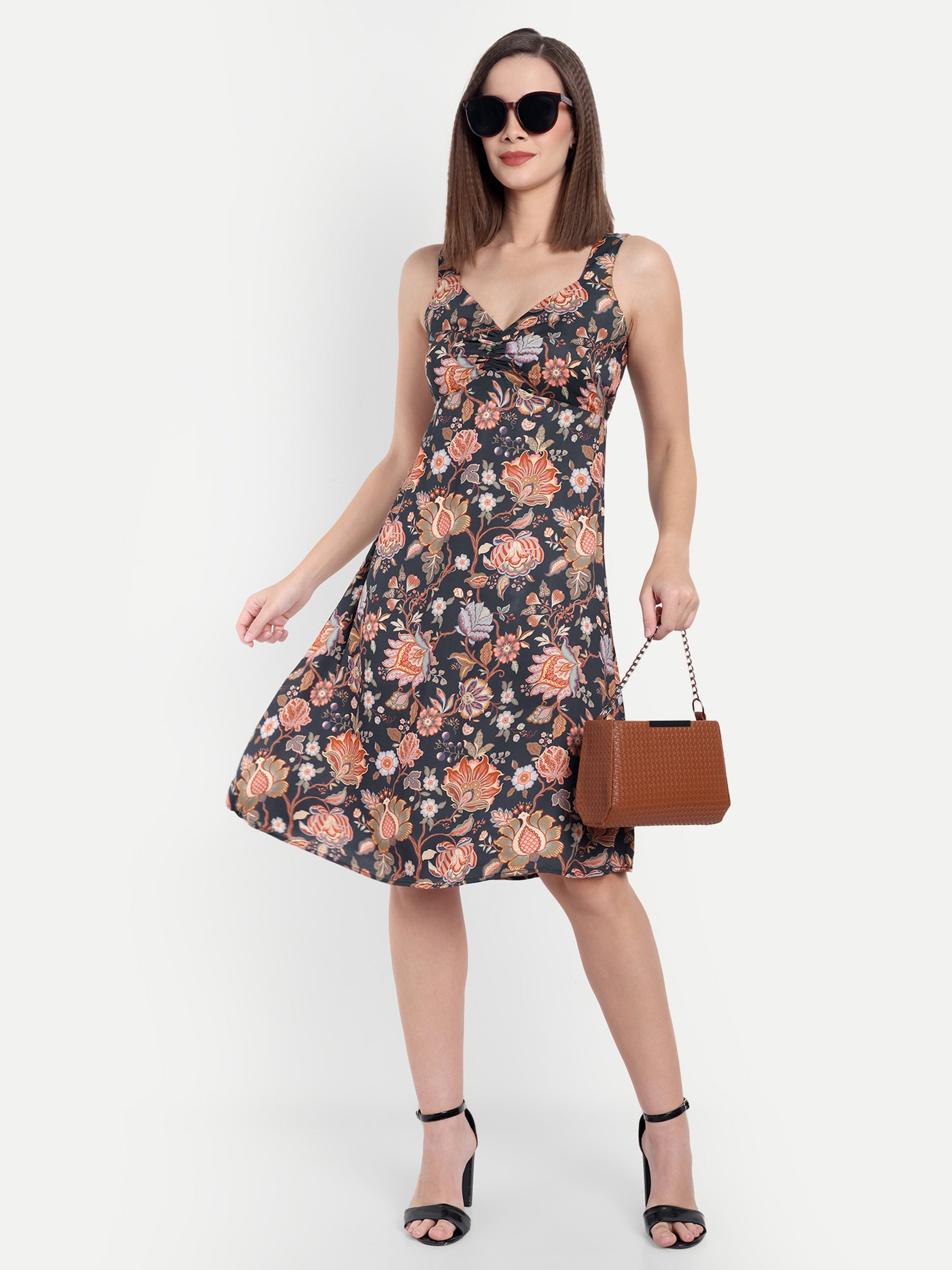 Women's Black multicolor  Floral Sleeveless A-Line Mini Dress | Elegant Textured Party Wear