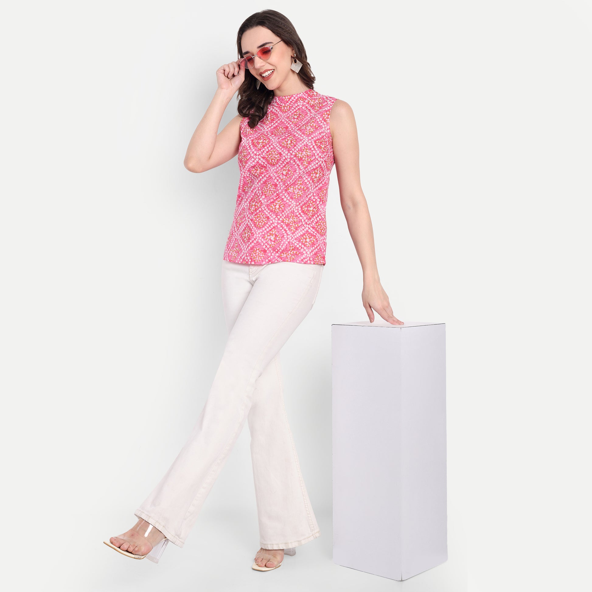 Women's Pink Printed Sleeveless Top | High Neck | Lightweight & Stylish Summer Wear