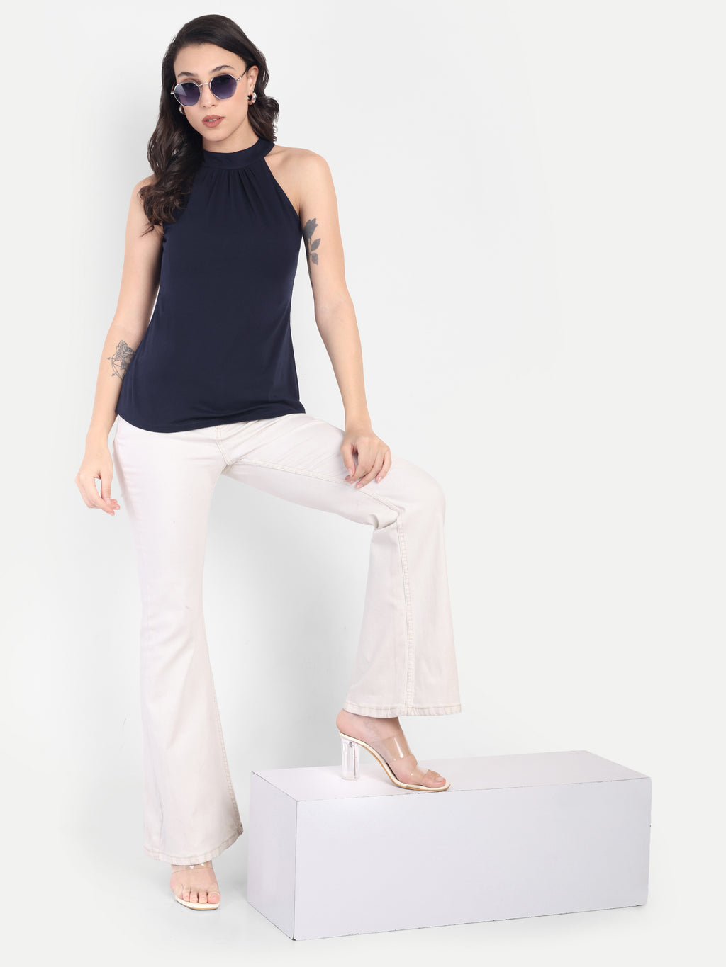 Women's Blue Halter Neck Sleeveless Top | Casual & Party Wear