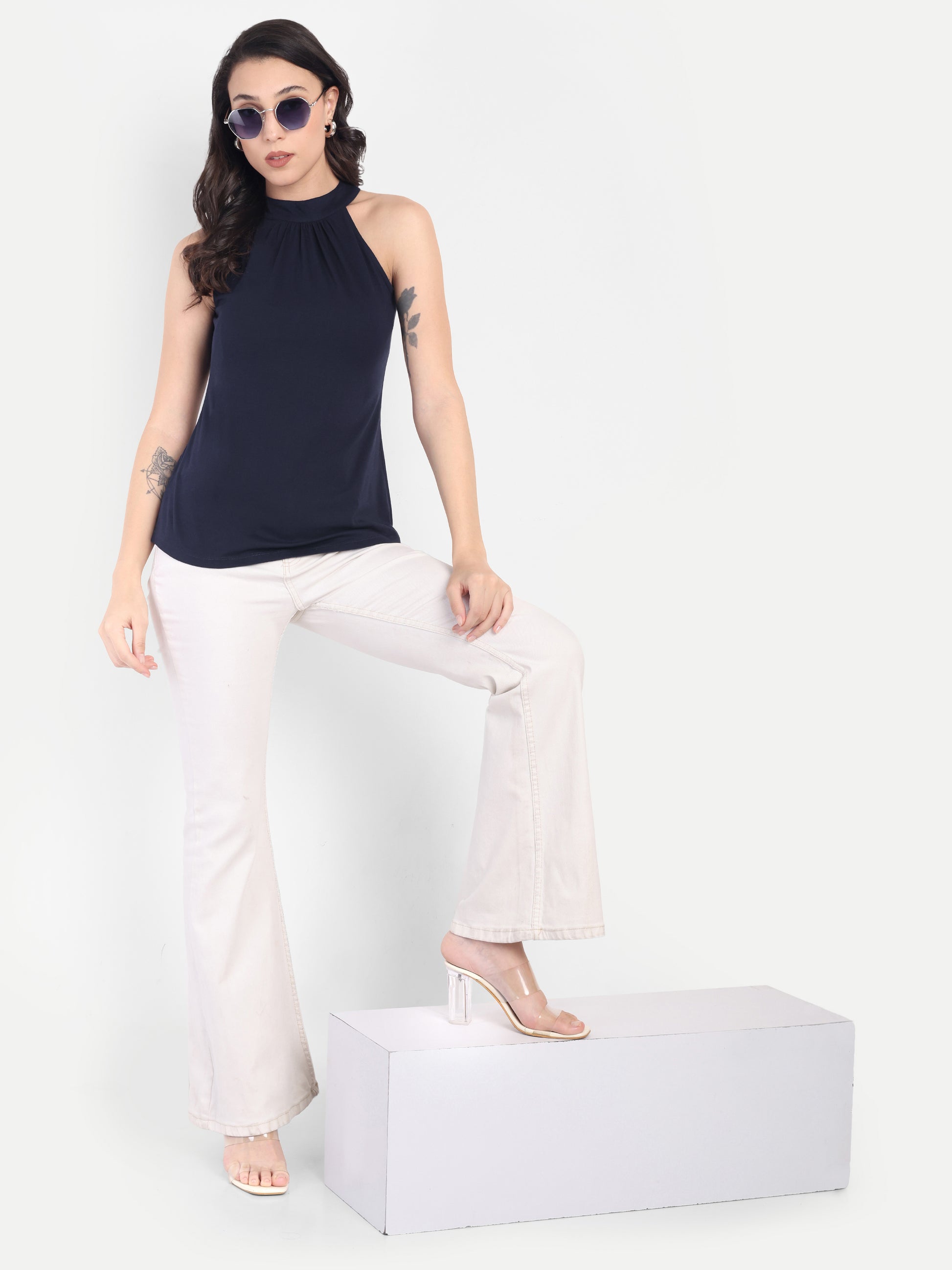 Women's Blue Halter Neck Sleeveless Top | Casual & Party Wear