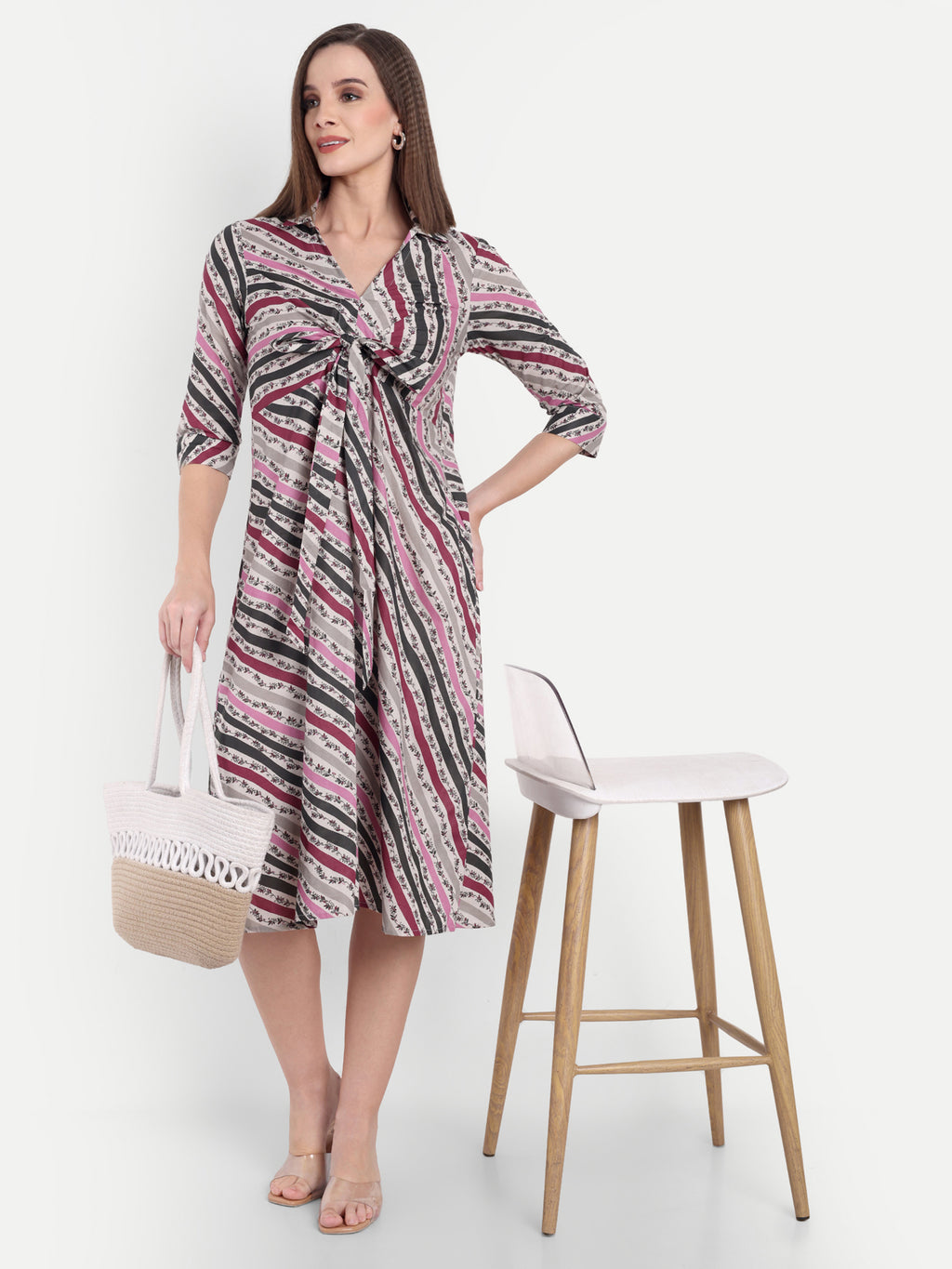 Women's Multicolor Striped Knee-Length Dress | Front Knot Detail | Casual & Party Wear