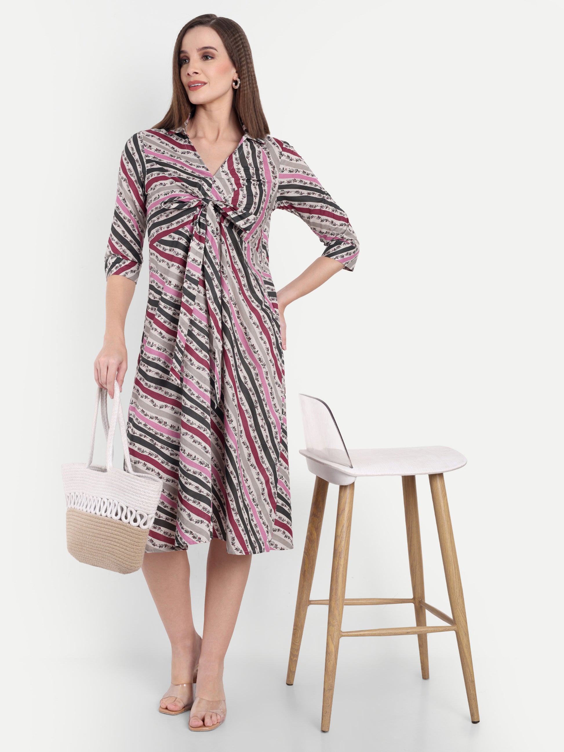 Women's Multicolor Striped Knee-Length Dress | Front Knot Detail | Casual & Party Wear