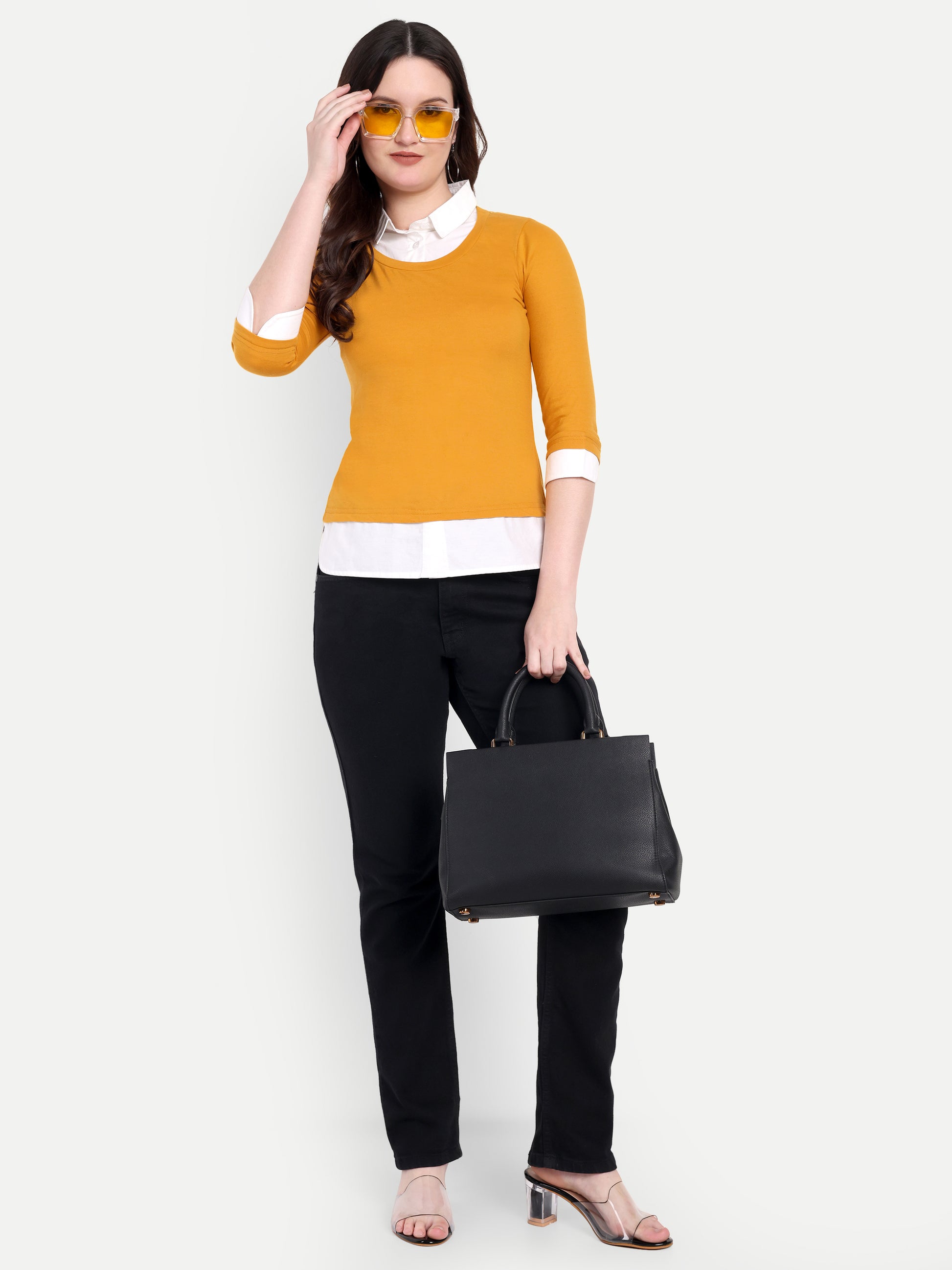 Women's Orange Layered Look Top with white Shirt Collar & 3/4 Sleeves