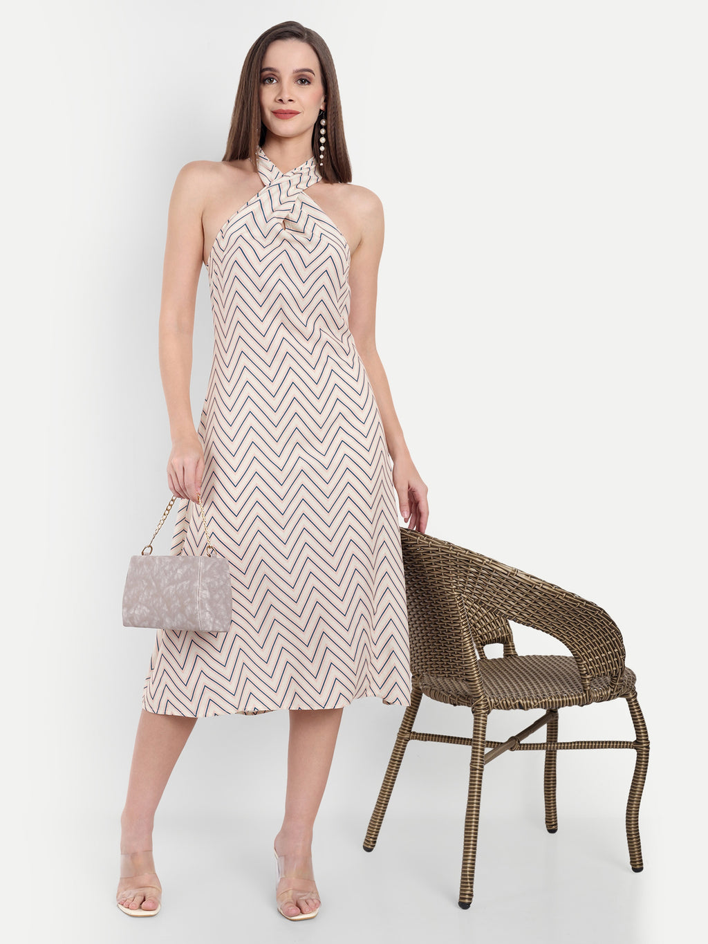 Women's Biege Halter Neck Midi Dress | Sleeveless Summer Dress