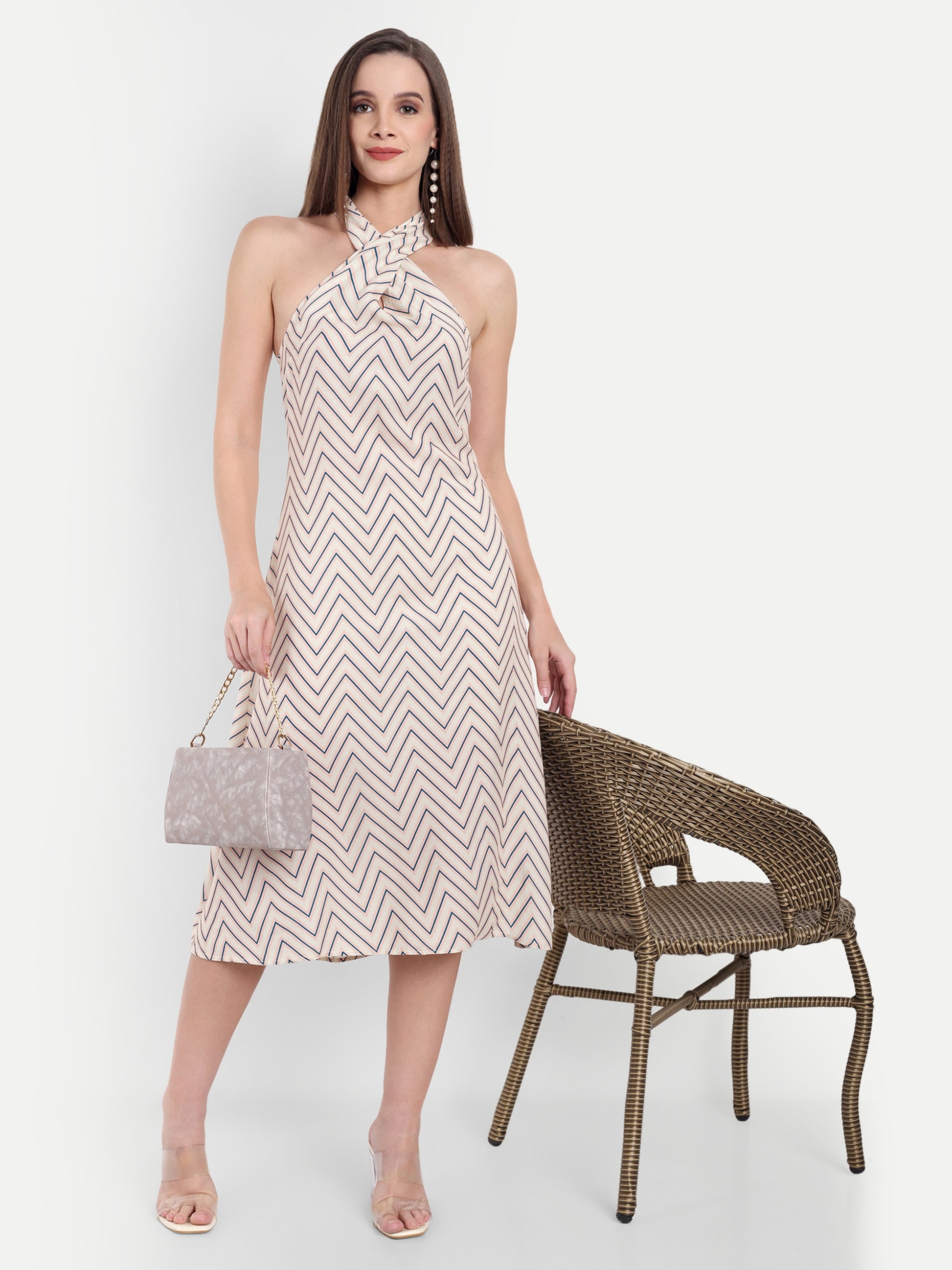 Women's Biege Halter Neck Midi Dress | Sleeveless Summer Dress