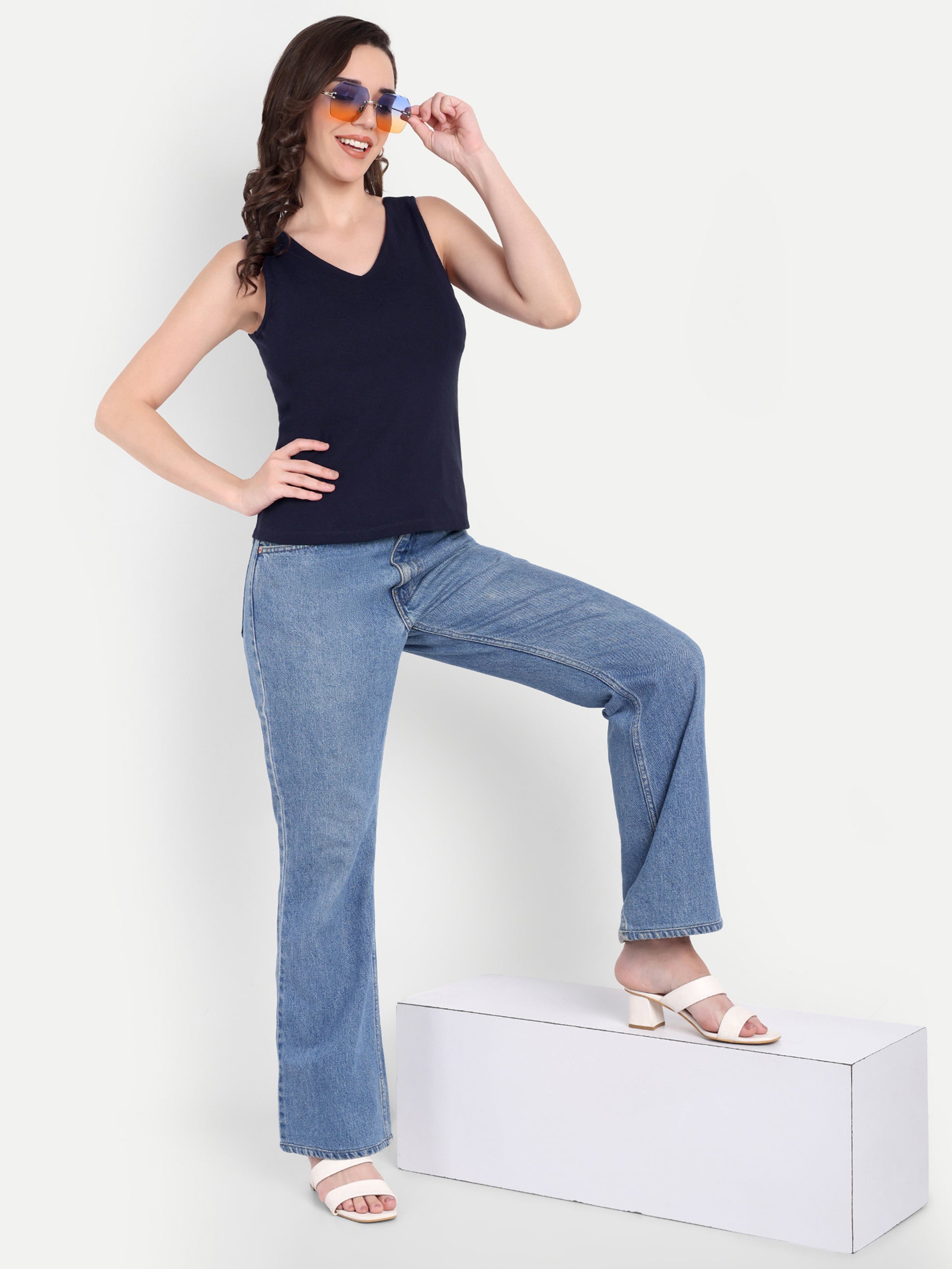 Women's Black Blue V-Neck  Sleeveless Top | Casual & Party Wear