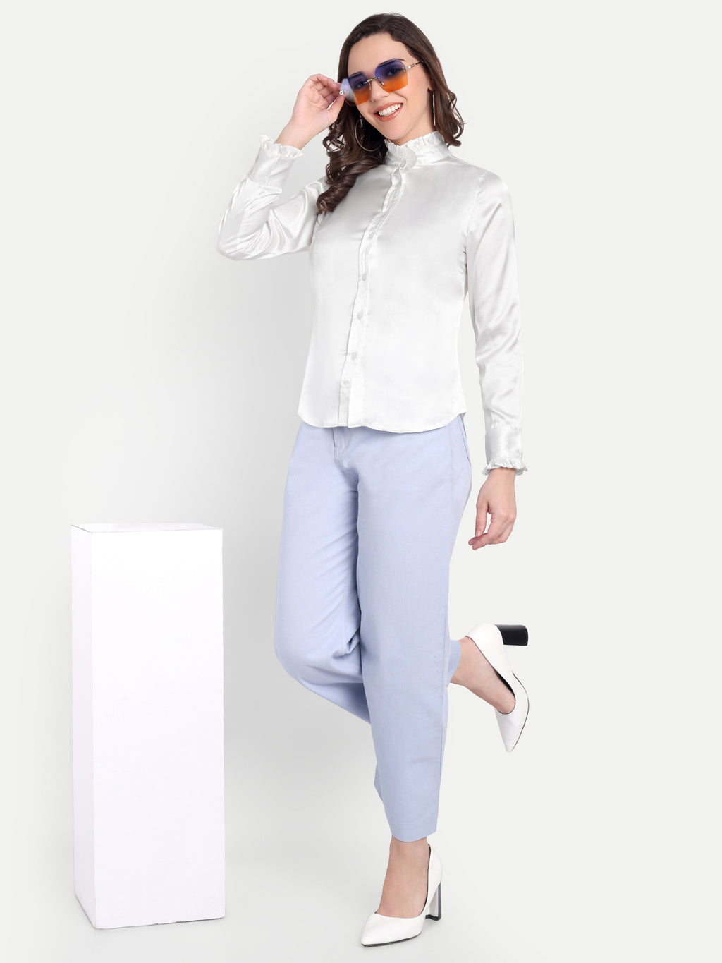 Women's white Ruffle Collar Shirt | Elegant Formal & Casual Top with Long Sleeves