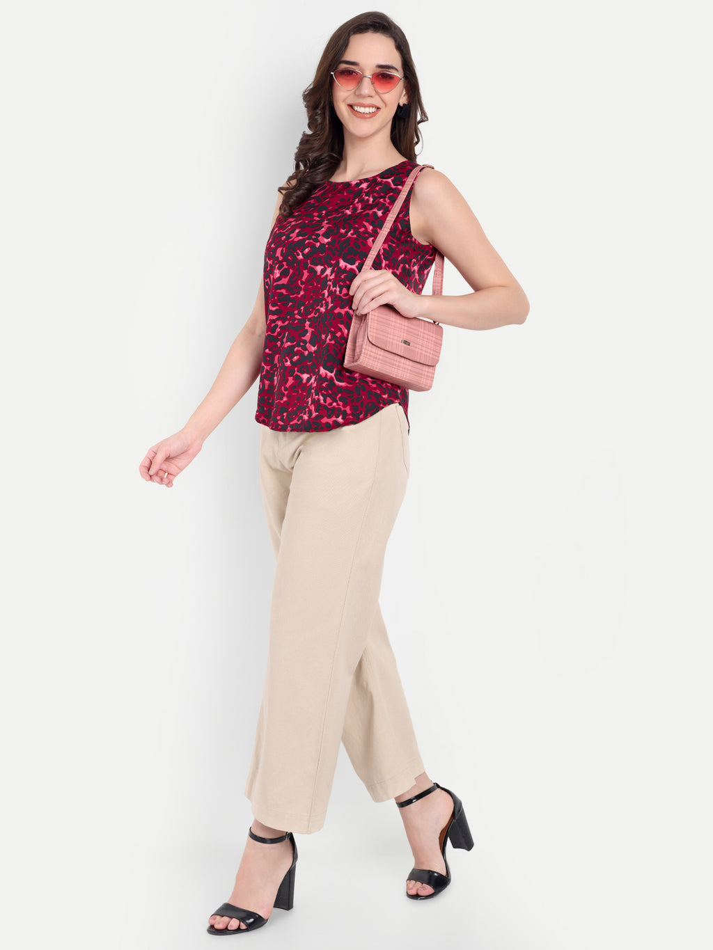 Women's Red Sleeveless Top | Subtle Pattern | Elegant Round Neck for Casual & Office Wear