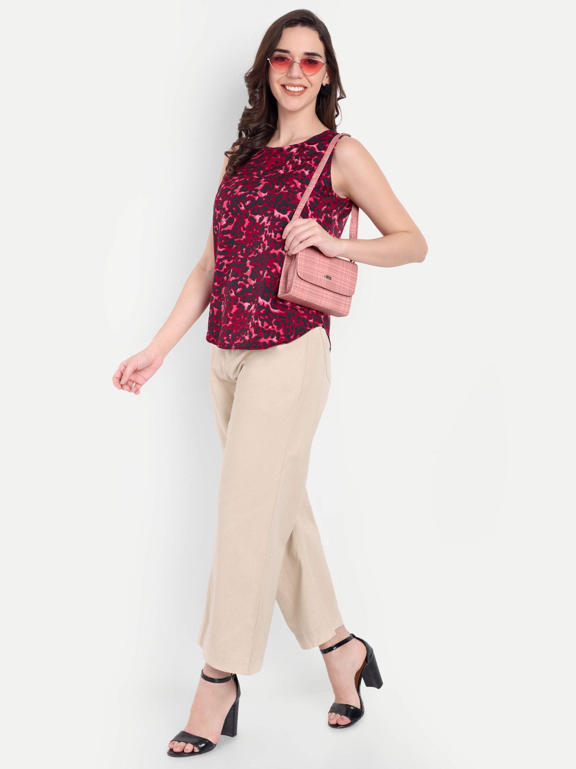 Women's Red Sleeveless Top | Subtle Pattern | Elegant Round Neck for Casual & Office Wear