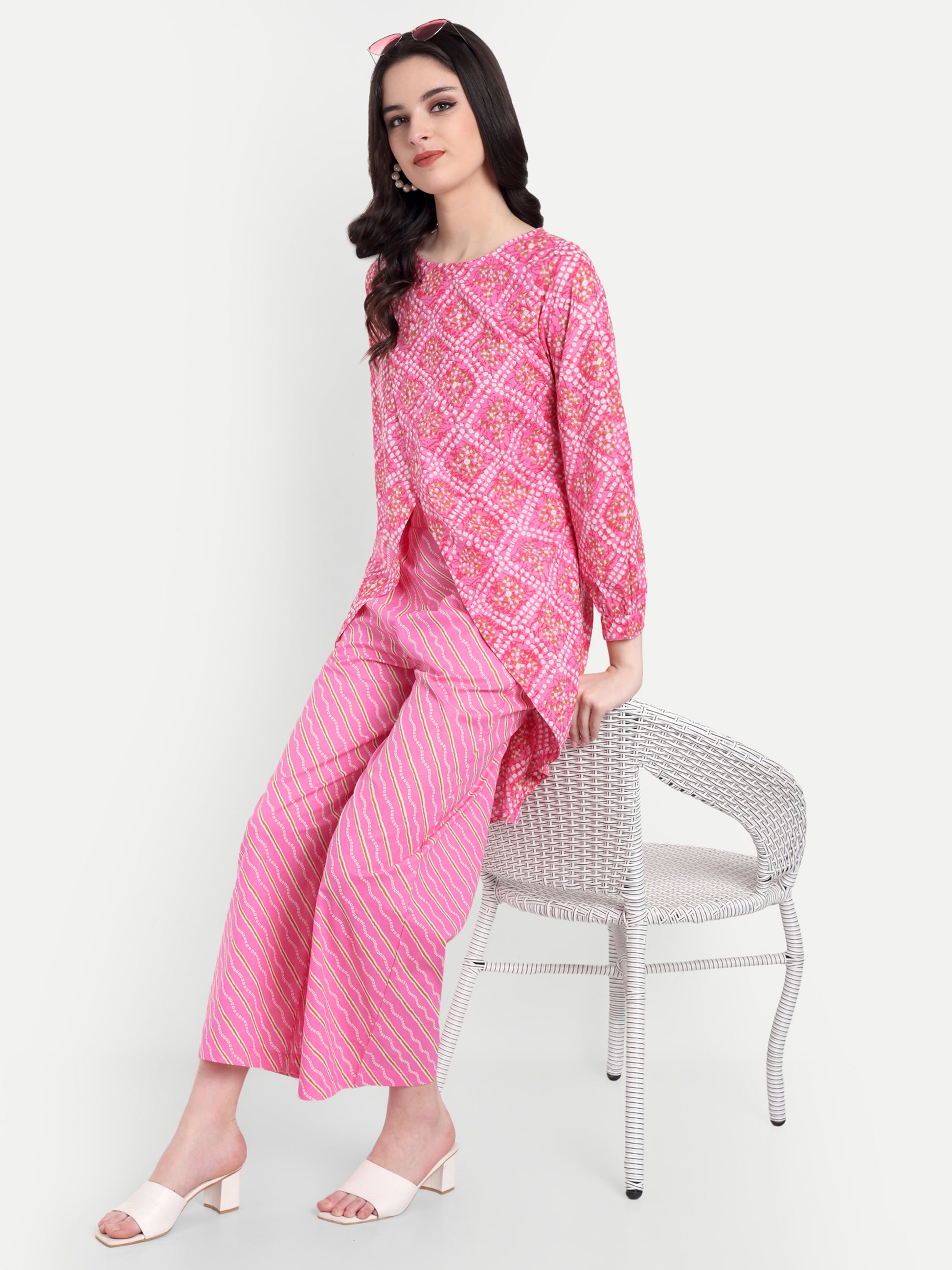Women's Pink Printed Ethnic Co-ord Set | Asymmetrical Long Kurta with Wide-Leg Pants