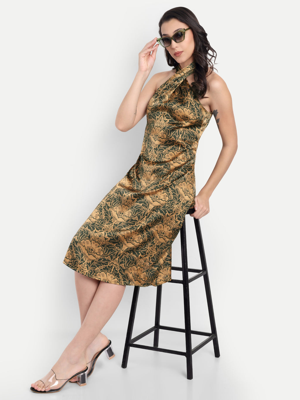 Women's Green & Gold Floral Halter Neck Midi Dress | Elegant Sleeveless Party Wear