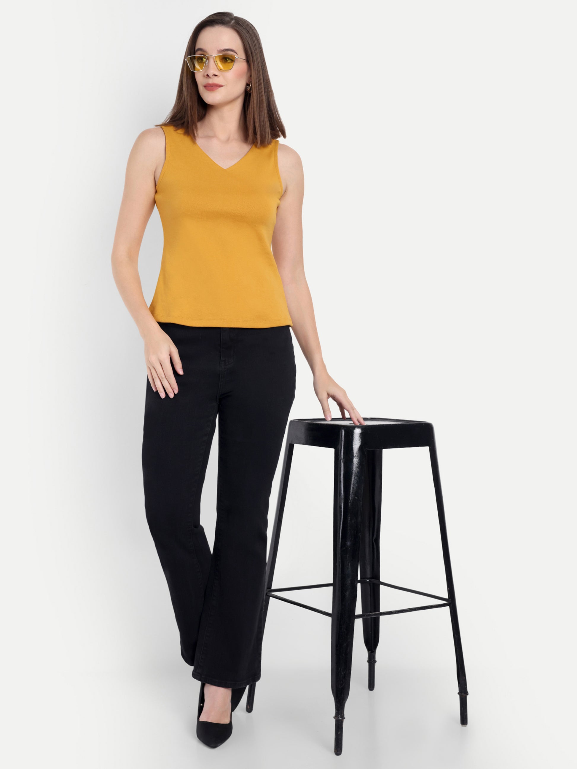Women's Orange  V-Neck  Sleeveless Top | Casual & Party Wear