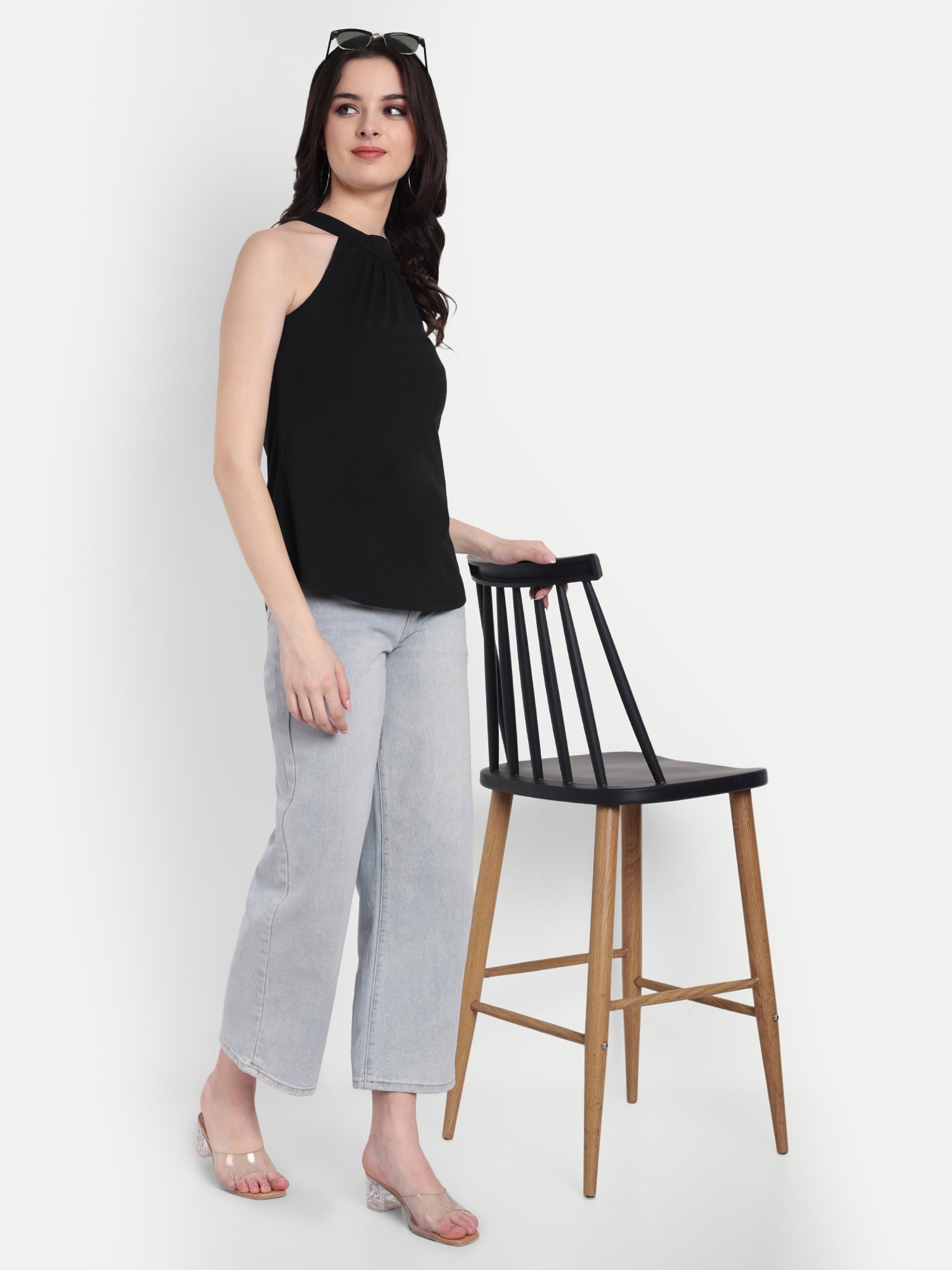 Women's Black Halter Neck Sleeveless Top | Casual & Party Wear