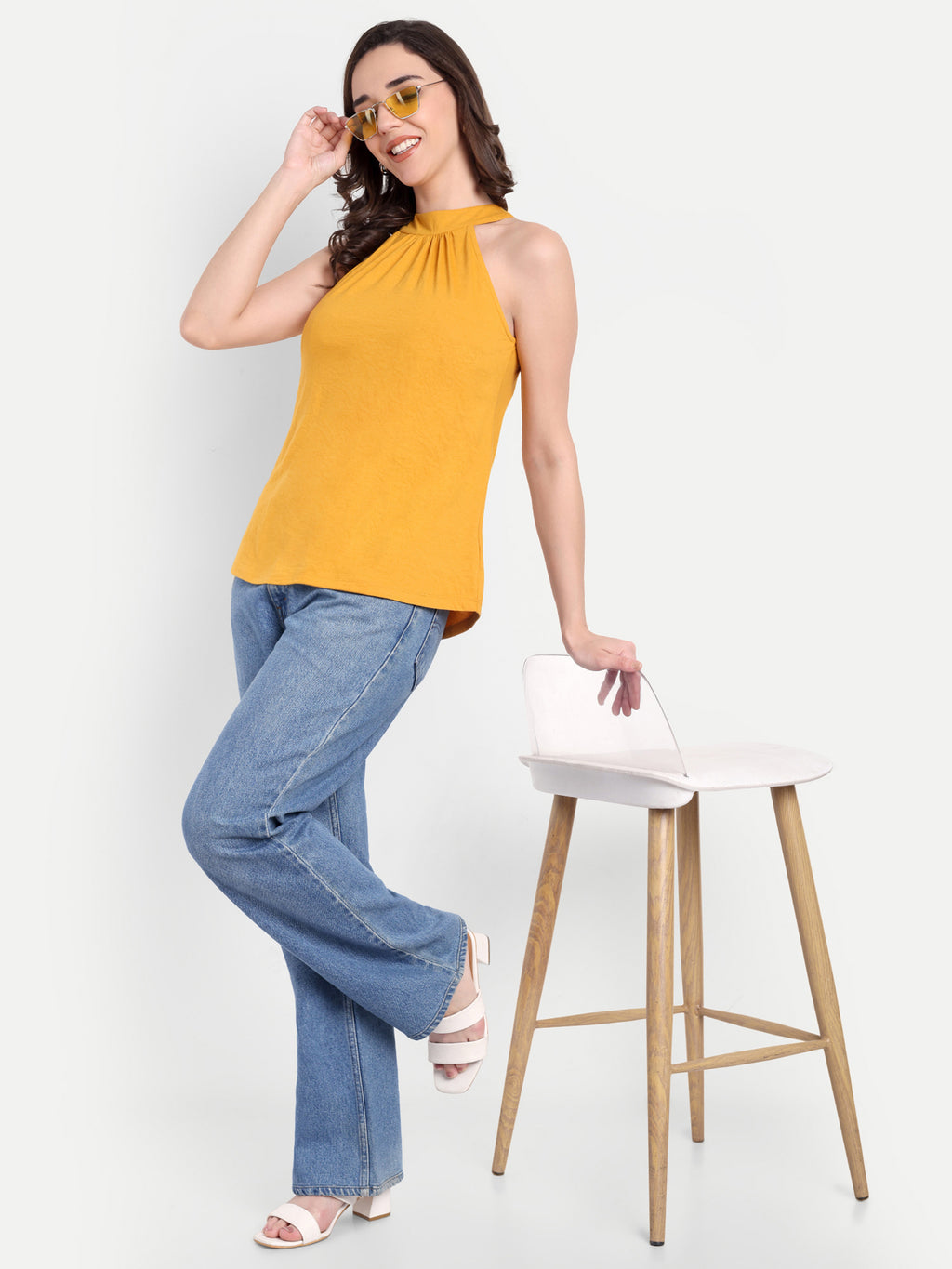 Women's Yellow Halter Neck Sleeveless Top | Casual & Party Wear