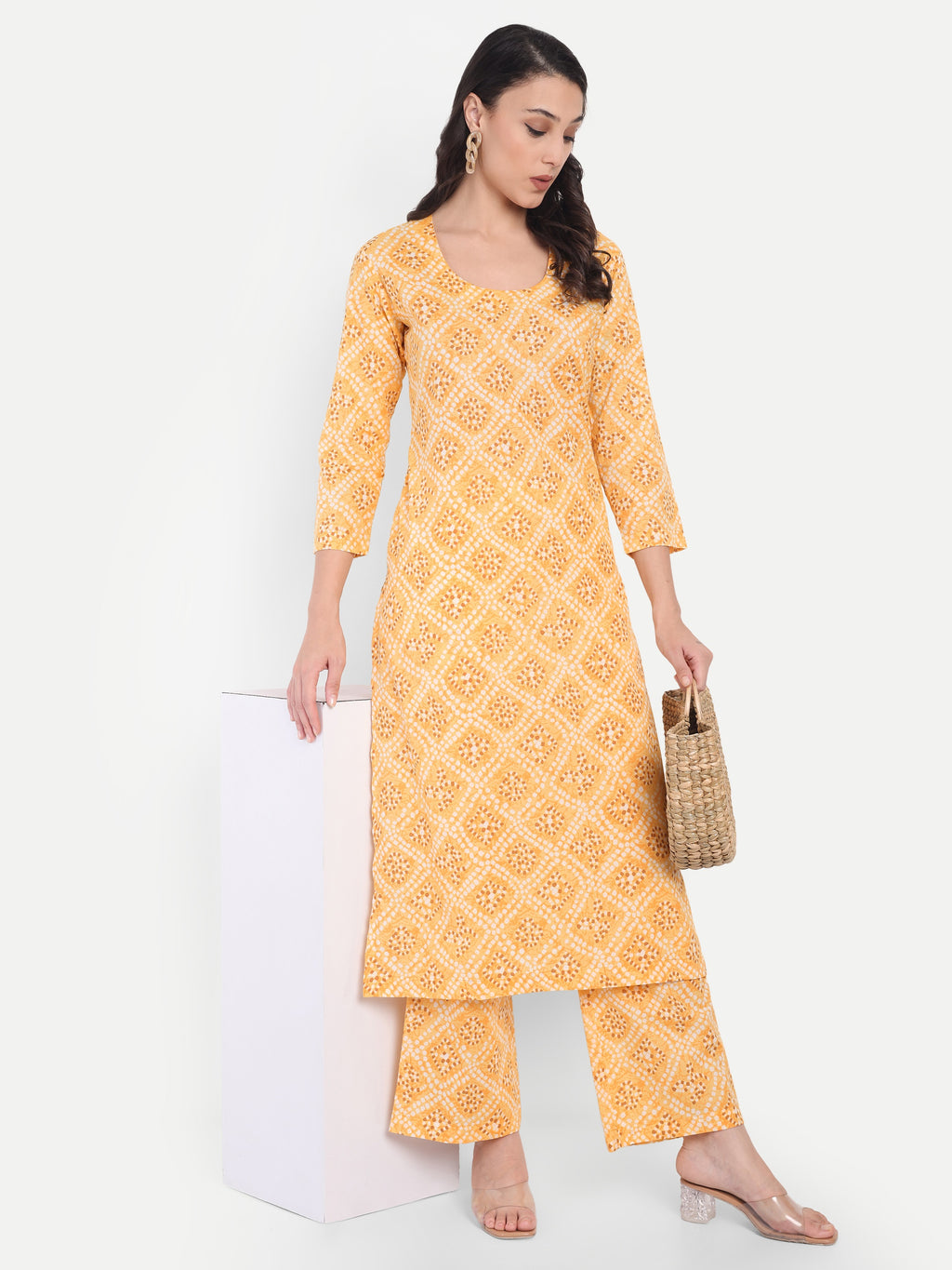 Women's yellow Floral Printed Kurta with Straight Pants | Cotton Blend | Ethnic Wear