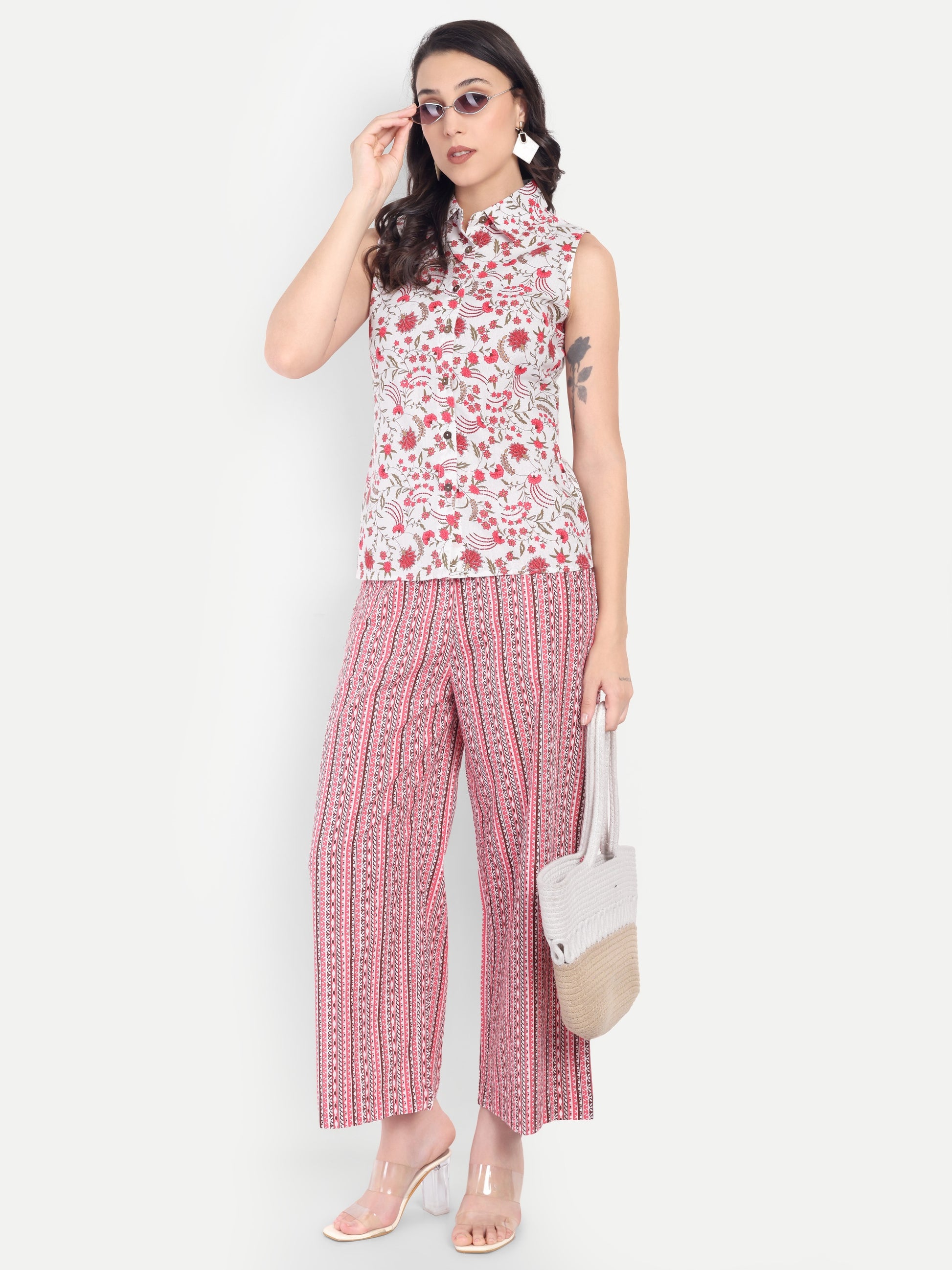 Women's White & Red Floral Sleeveless Shirt with Pink Printed Wide-Leg Pants | Comfortable Summer Co-ord Set