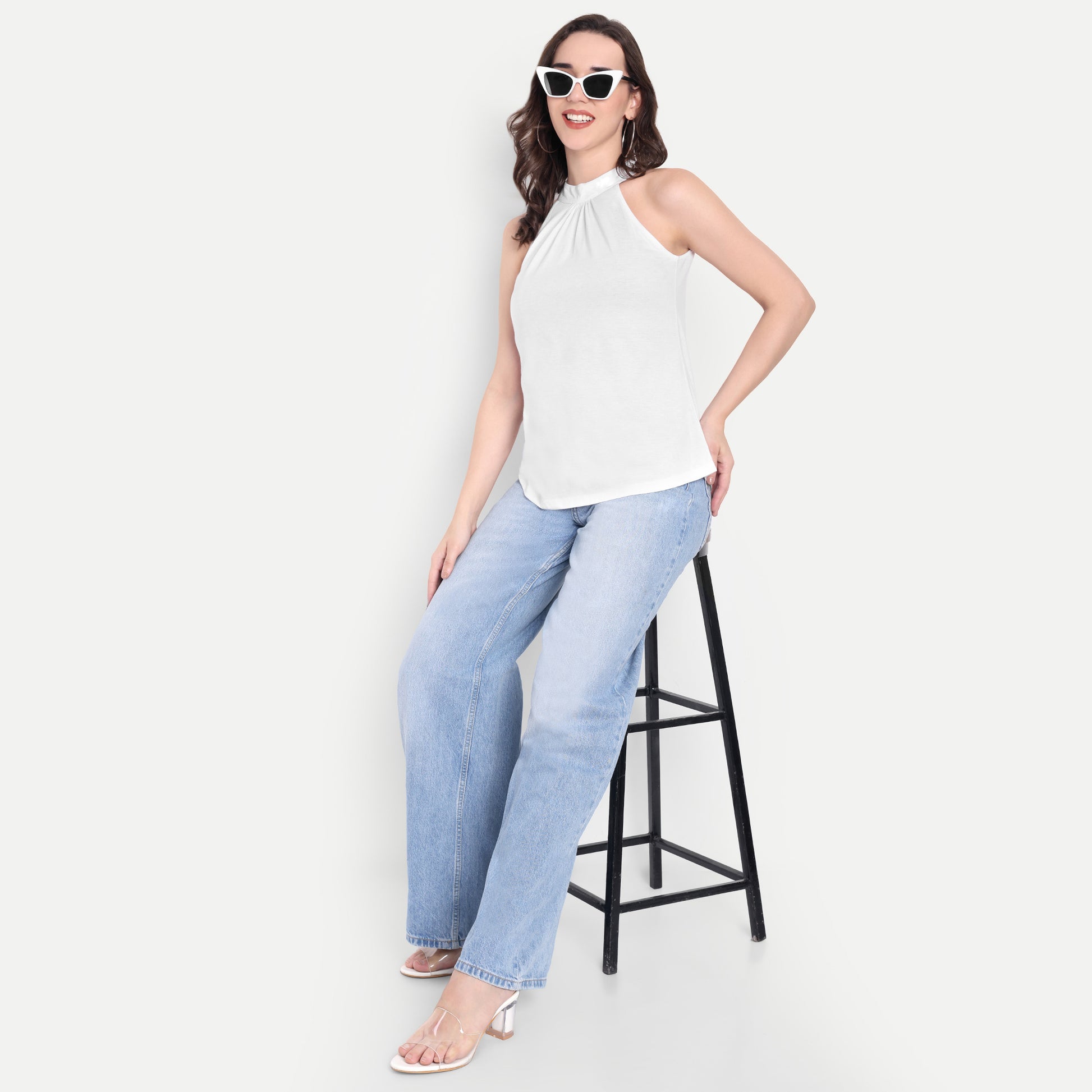 FairLeaf Women's white Top with Button-Down High Neckline| Sleeveless Elegant Summer Tunic for Casual, & Office Wear| Stylish White Tops for Women