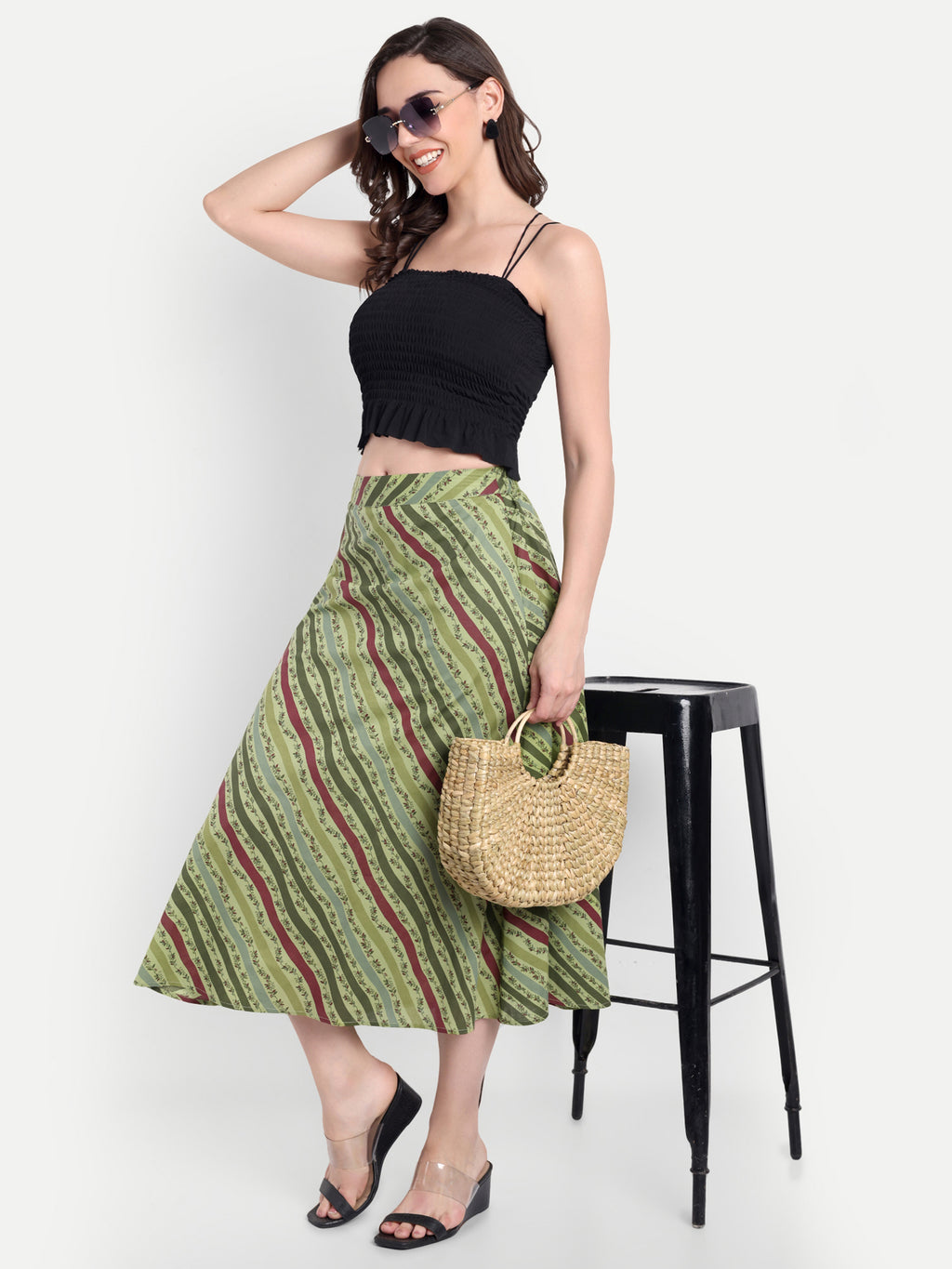 Women's Olive Striped A-Line Midi Skirt | Casual & Party Wear