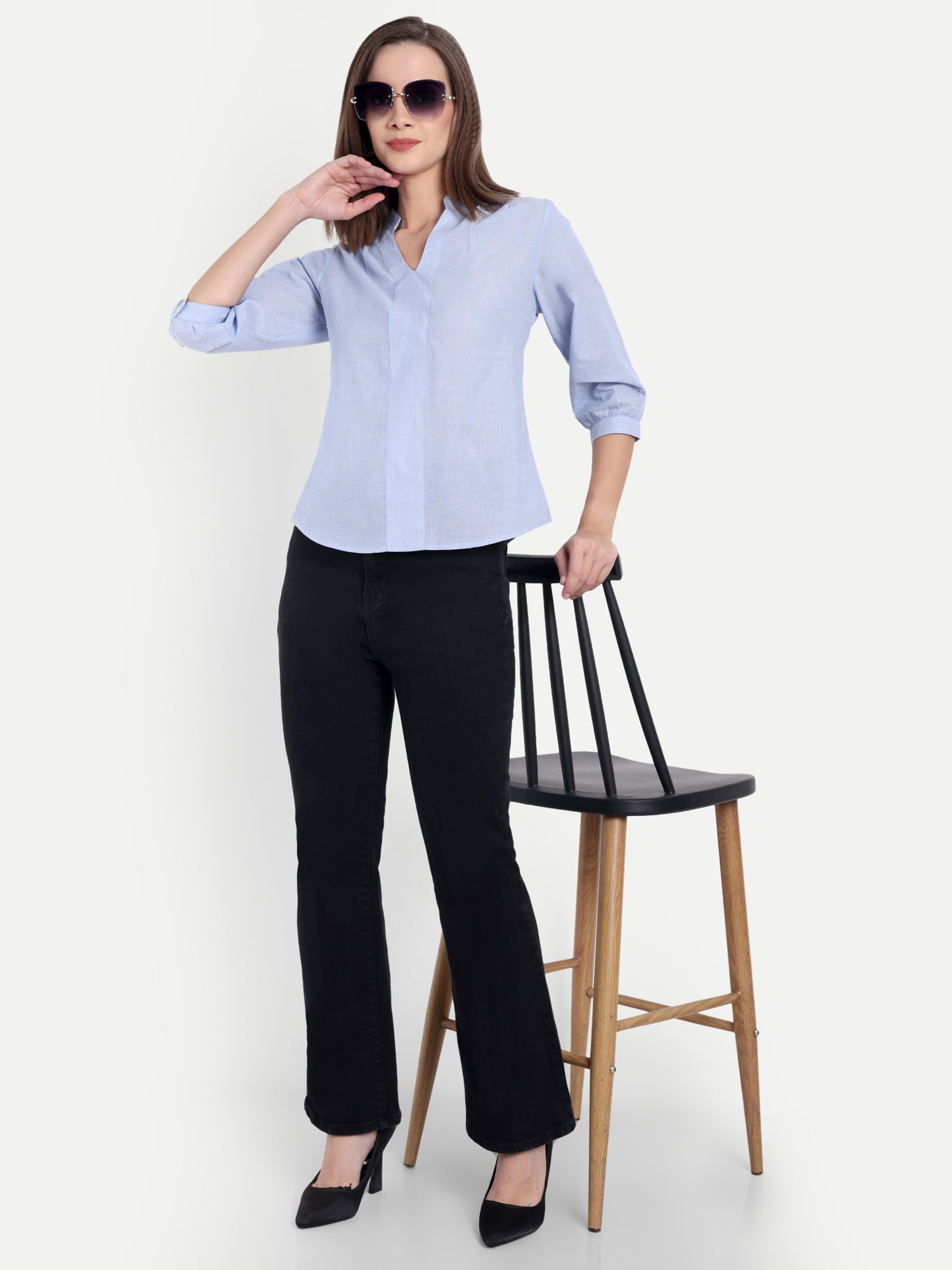 Women's Light Blue V-Neck 3/4 Sleeve Top | Lightweight Cotton Blend | Elegant Everyday Wear