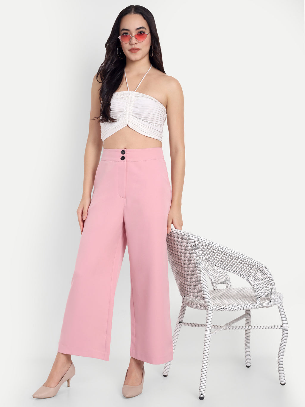 Women's Pink Wide-Leg Trousers – High Waist | Formal & Casual Wear | Comfort Fit