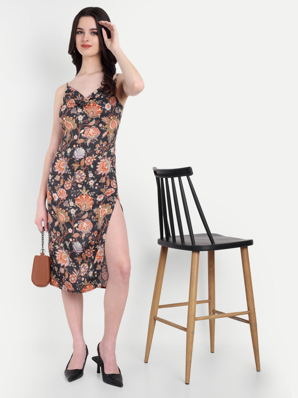 Women's Floral Print Slip Dress with Side Slit | Elegant Midi Dress for Party Wear & Casual Wear