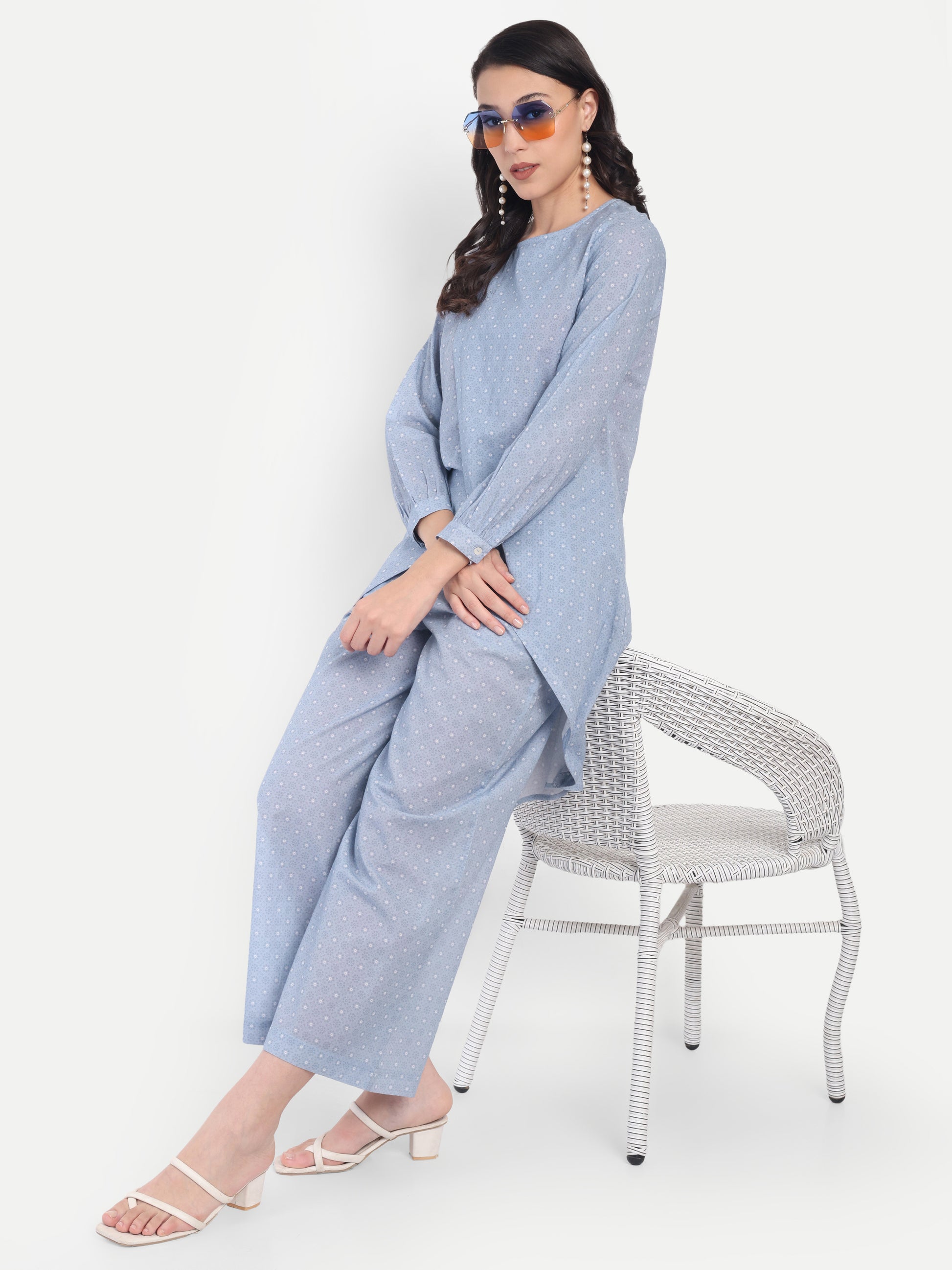 Women's Blue Dotted Printed Ethnic Co-ord Set | Asymmetrical Long Kurta with Wide-Leg Pants