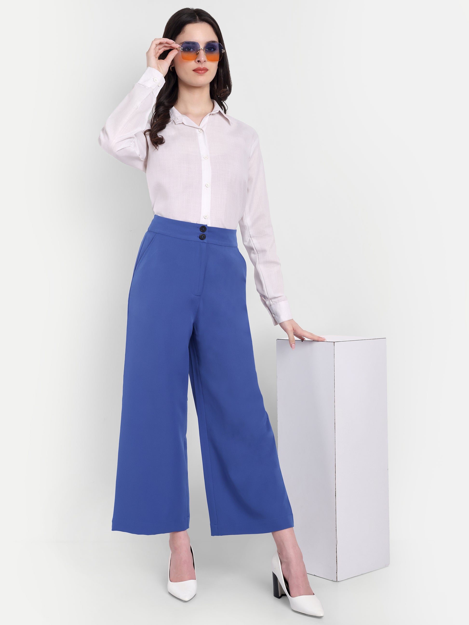 Women's Light Blue Wide-Leg Trousers – High Waist | Formal & Casual Wear | Comfort Fit
