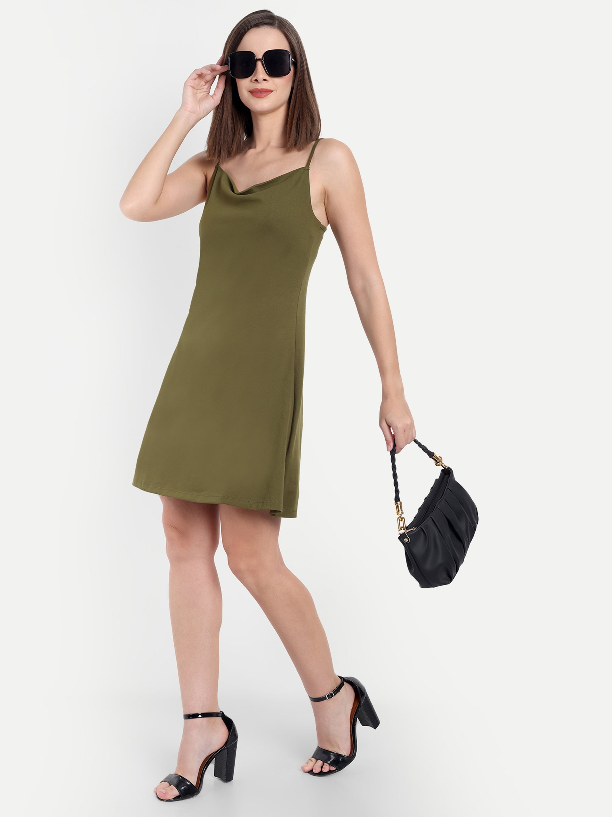 Women's Olive A-Line Mini Dress | Sleeveless Cowl Neck | Casual & Party Wear