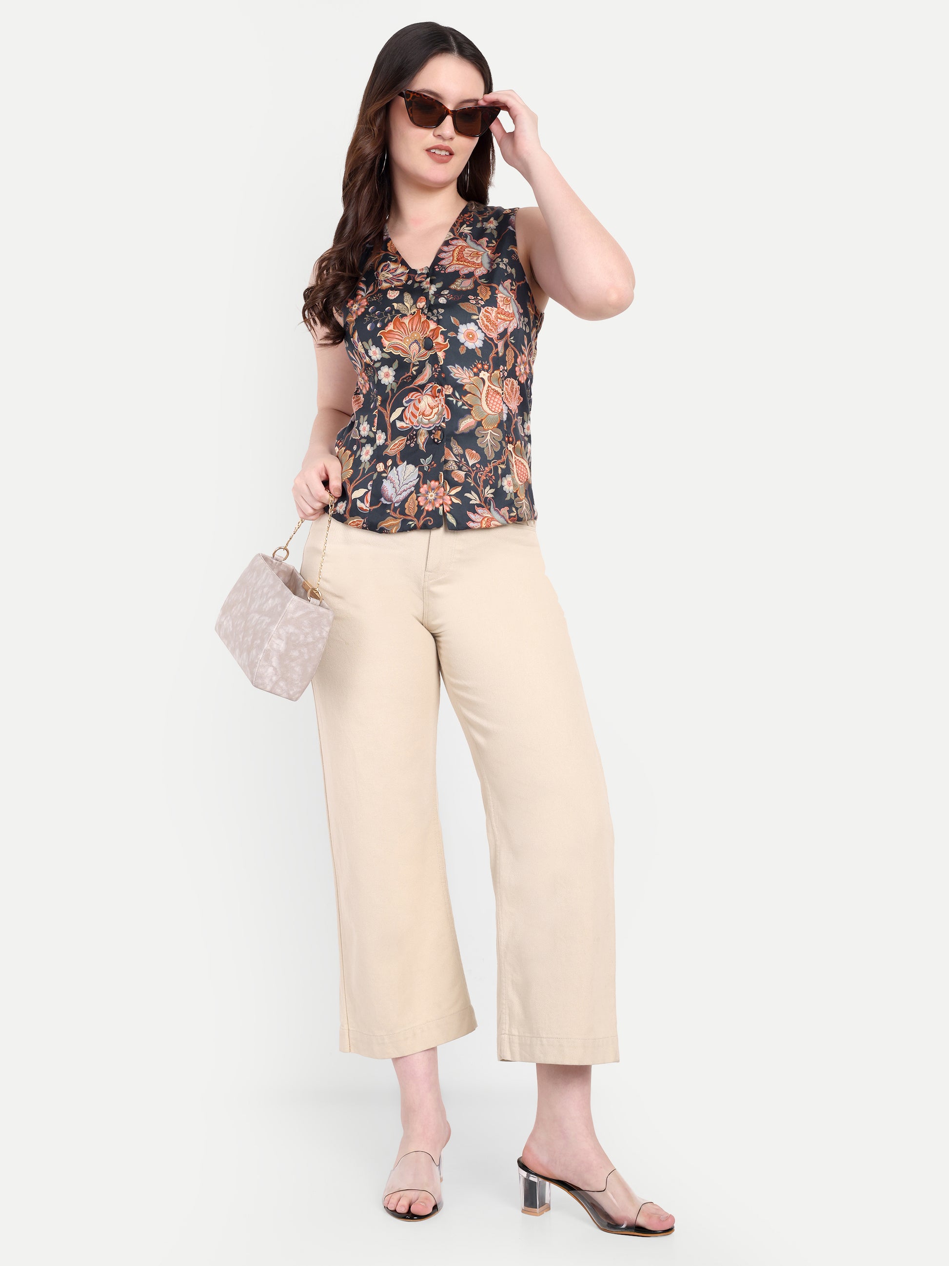 FairLeaf Women's V-Neck Sleeveless Waist Top – |100% Pure Cotton|Lightweight Relaxed Fit with Abstract Paisley Print – Stylish Casual for Women