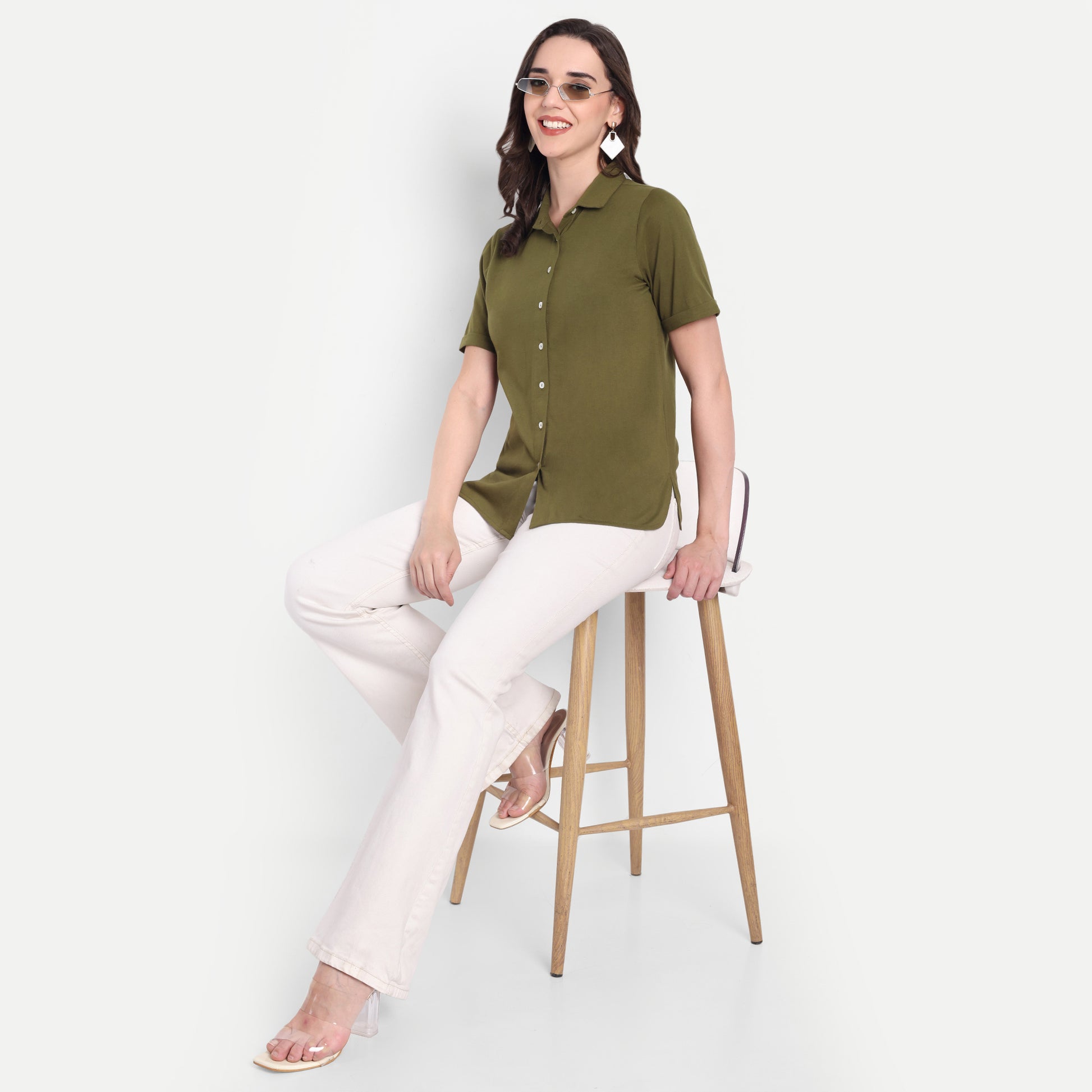 Women's Olive Casual Shirt – Short Sleeve | Button Down | Lightweight
