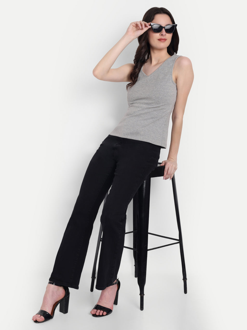 Women's Grey  V-Neck  Sleeveless Top | Casual & Party Wear