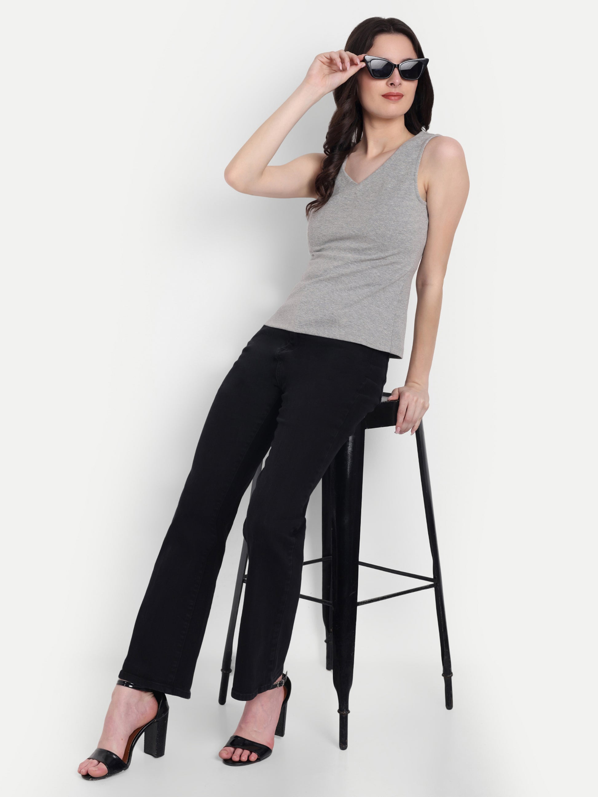 Women's Grey  V-Neck  Sleeveless Top | Casual & Party Wear